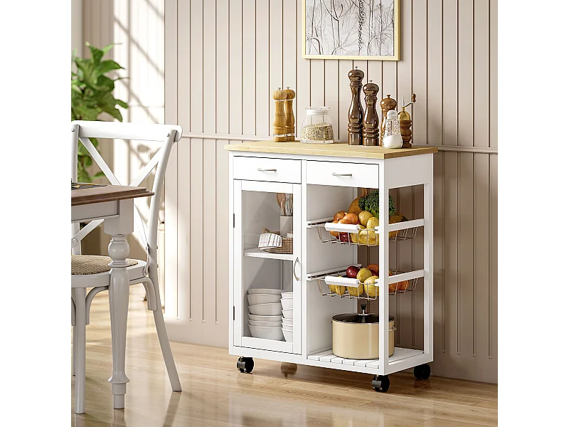 Carrello da cucina con ruote e piano in bambù isola cucina con 2 cassetti