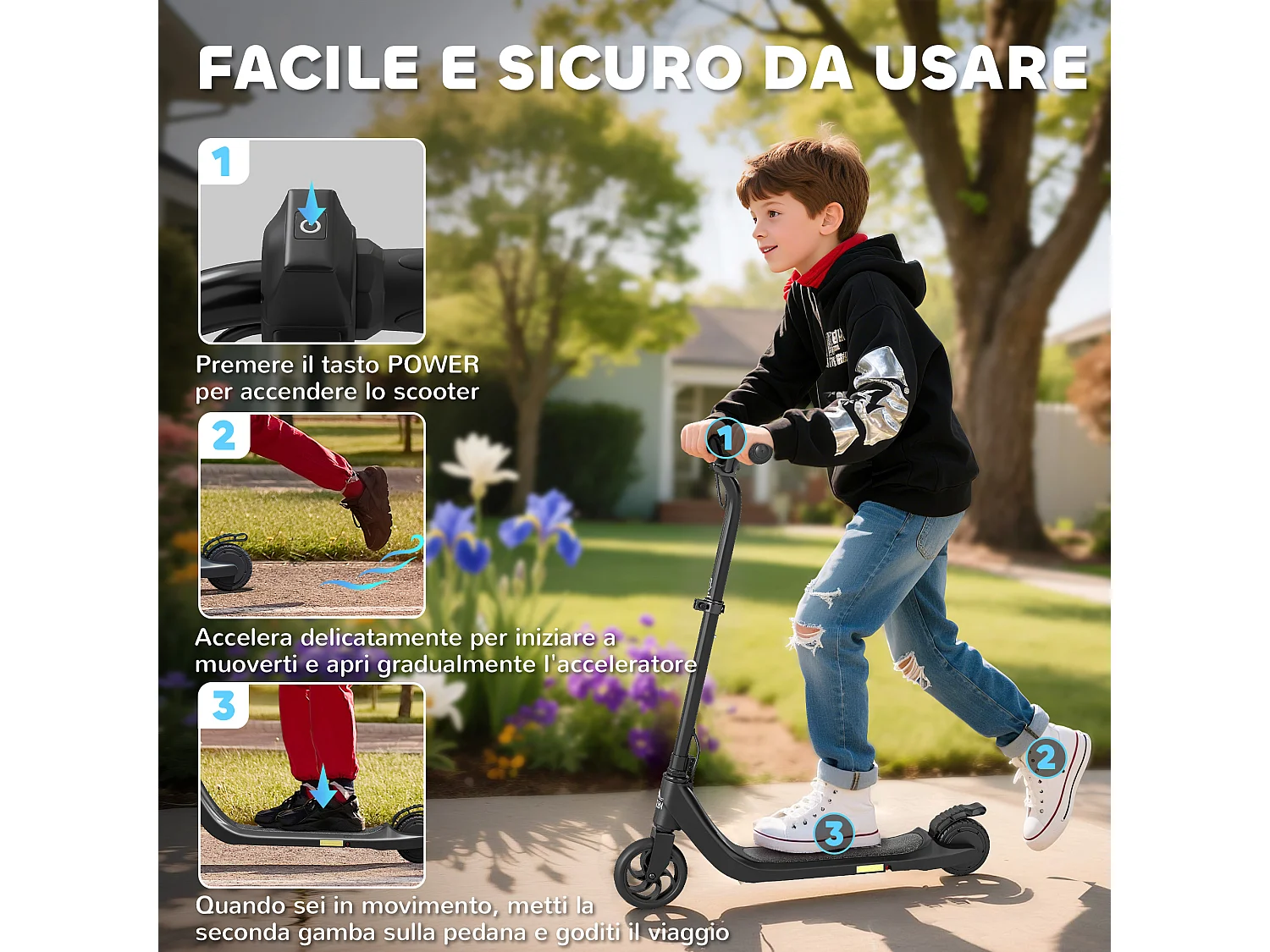 Monopattino elettrico per bambini 120w altezza regolabile nero