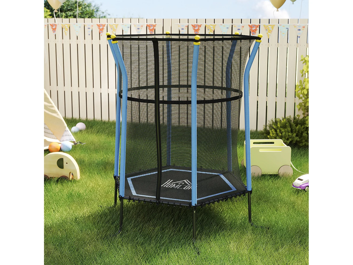 Tappeto per bambini con ingresso a zip e pali imbottiti blu