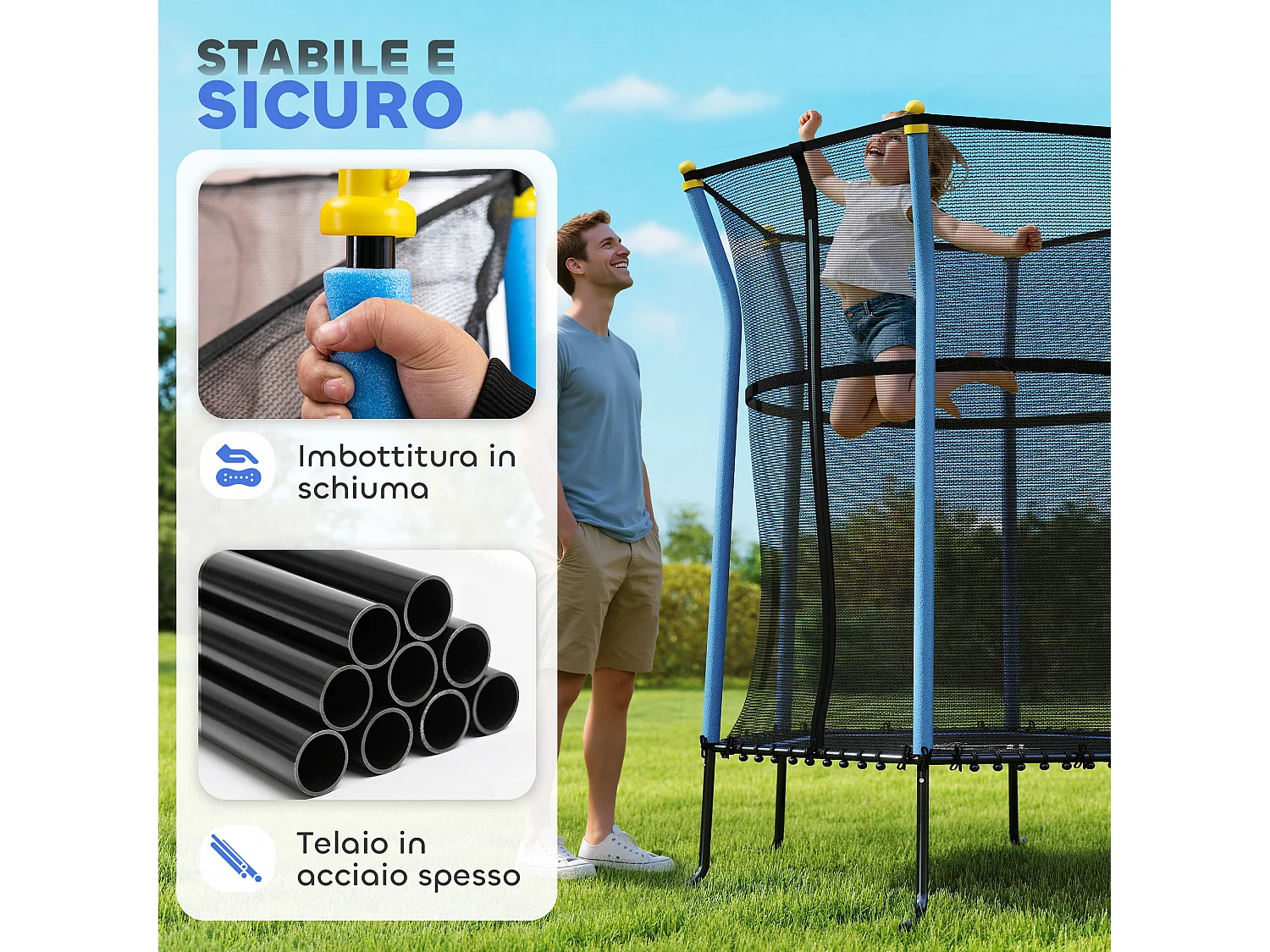 Tappeto per bambini con ingresso a zip e pali imbottiti blu