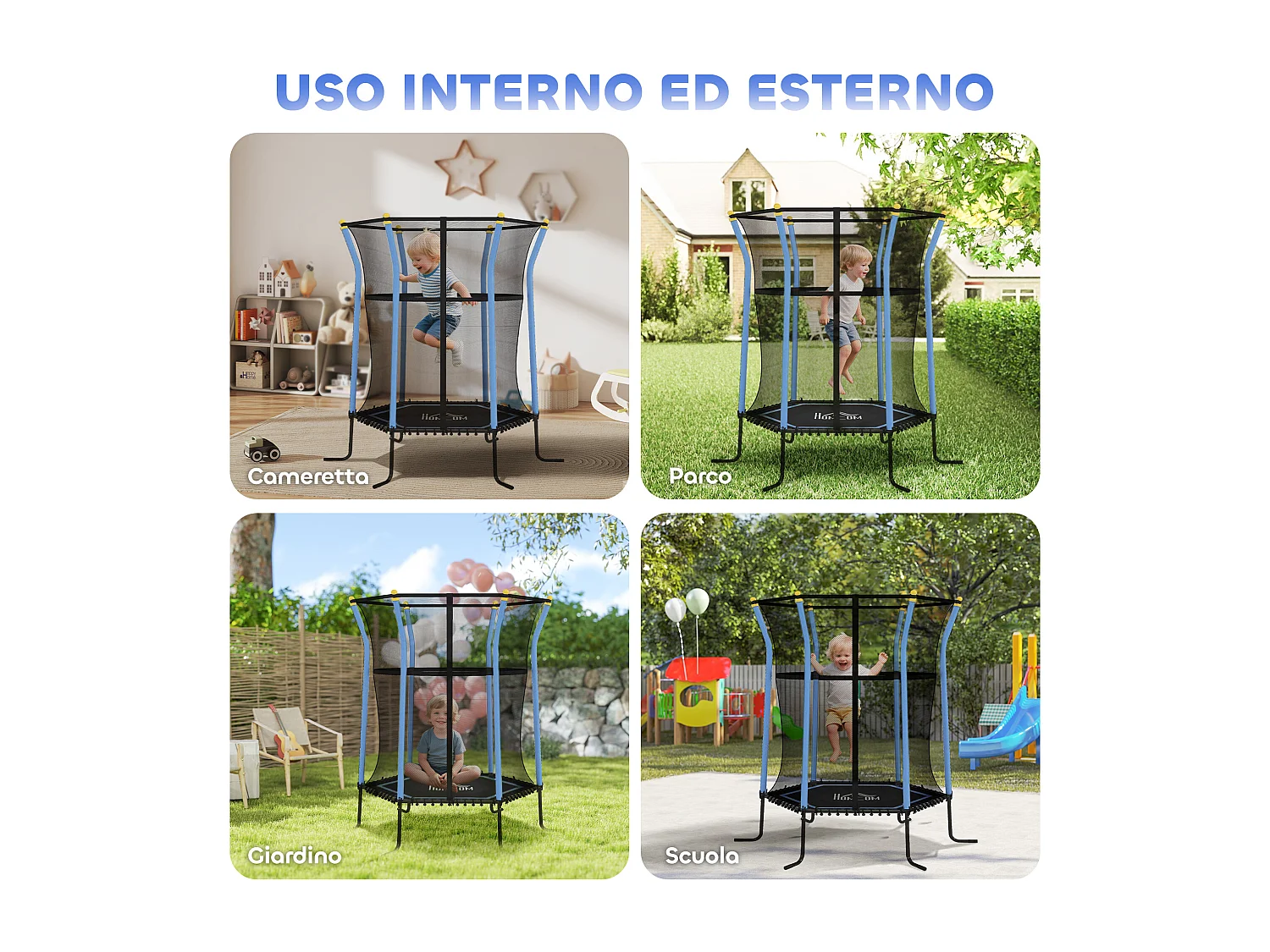 Tappeto per bambini con ingresso a zip e pali imbottiti blu