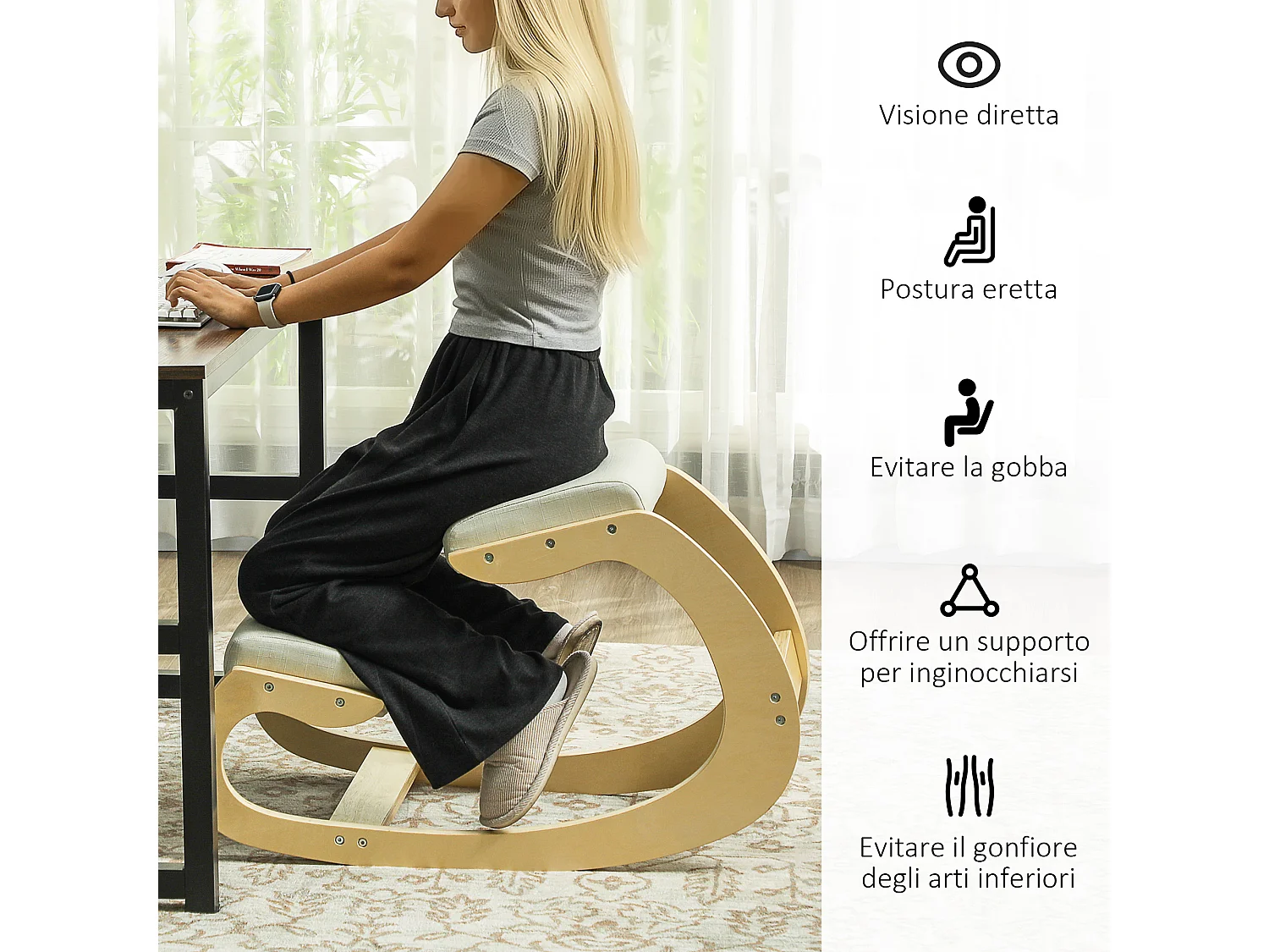 Sedia inginocchiatoio dondolante in tessuto effetto lino legno crema