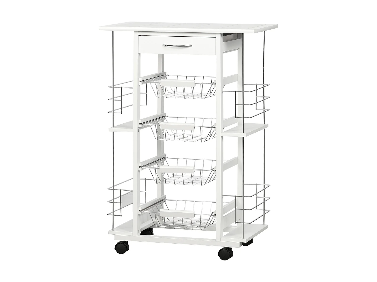 Carrello da cucina con cassetto, 4 cesti e 4 ripiani bianco