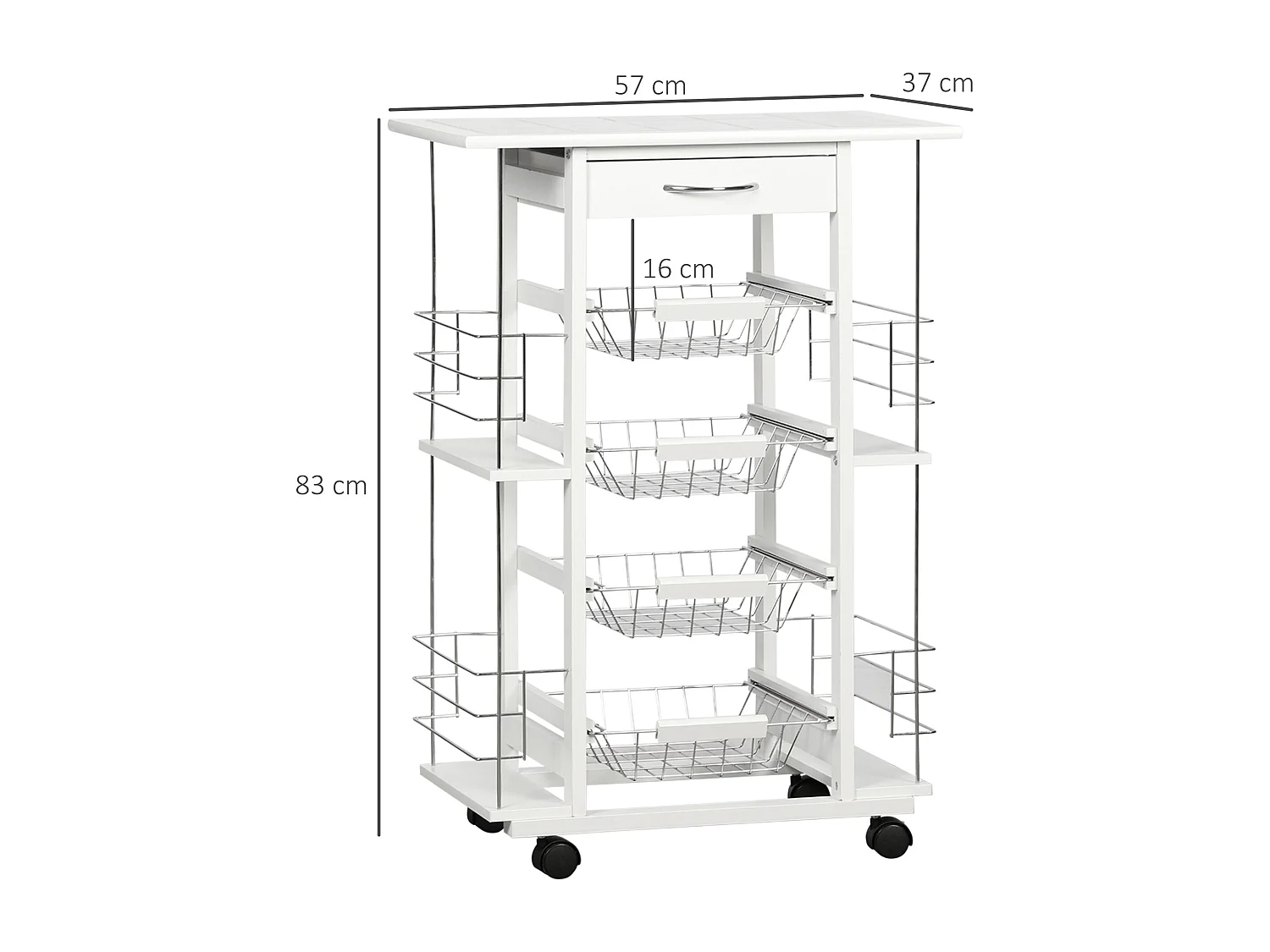 Carrello da cucina con cassetto, 4 cesti e 4 ripiani bianco
