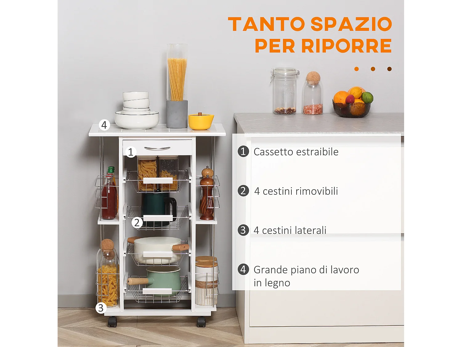 Carrello da cucina con cassetto, 4 cesti e 4 ripiani bianco