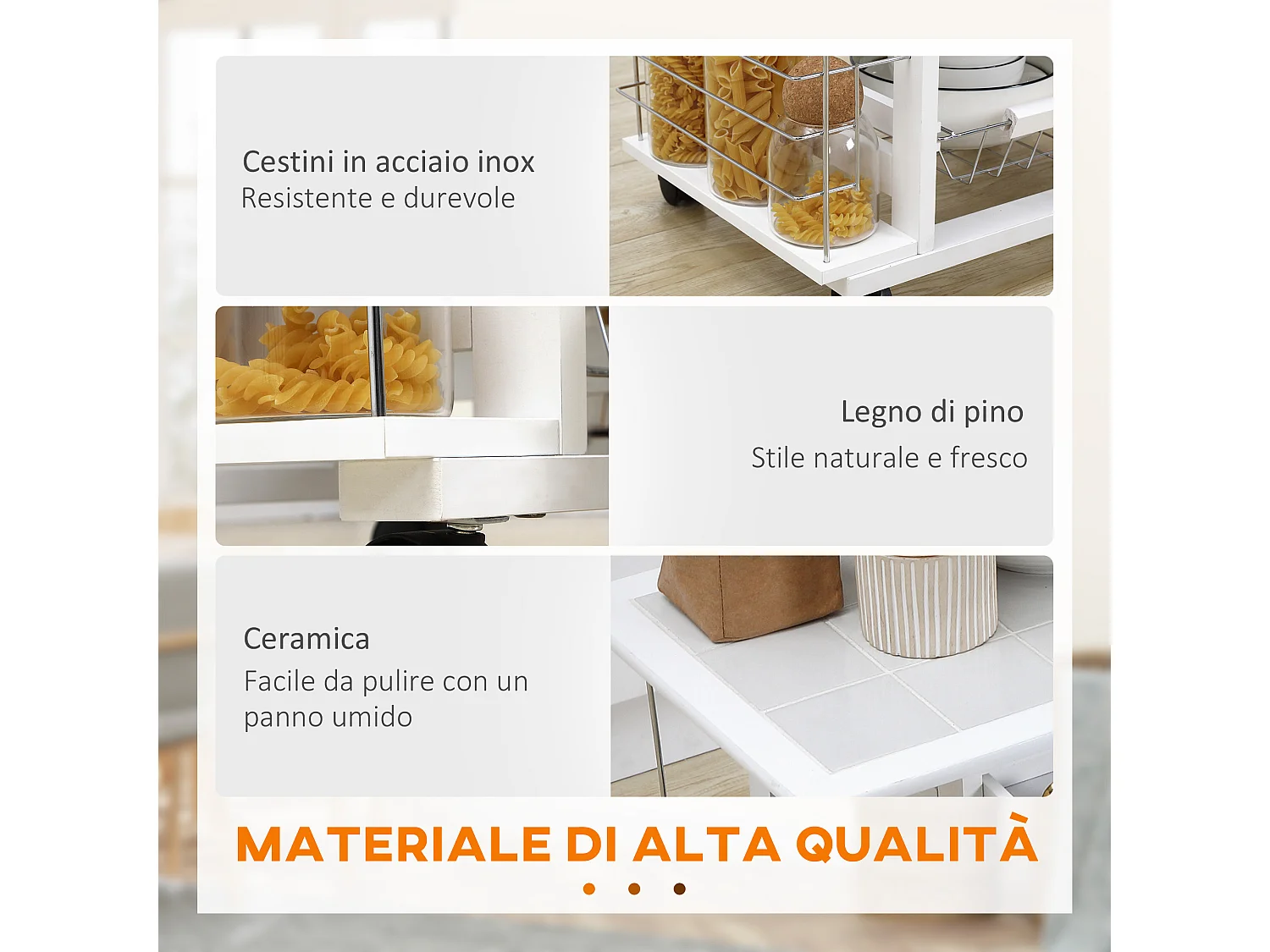 Carrello da cucina con cassetto, 4 cesti e 4 ripiani bianco
