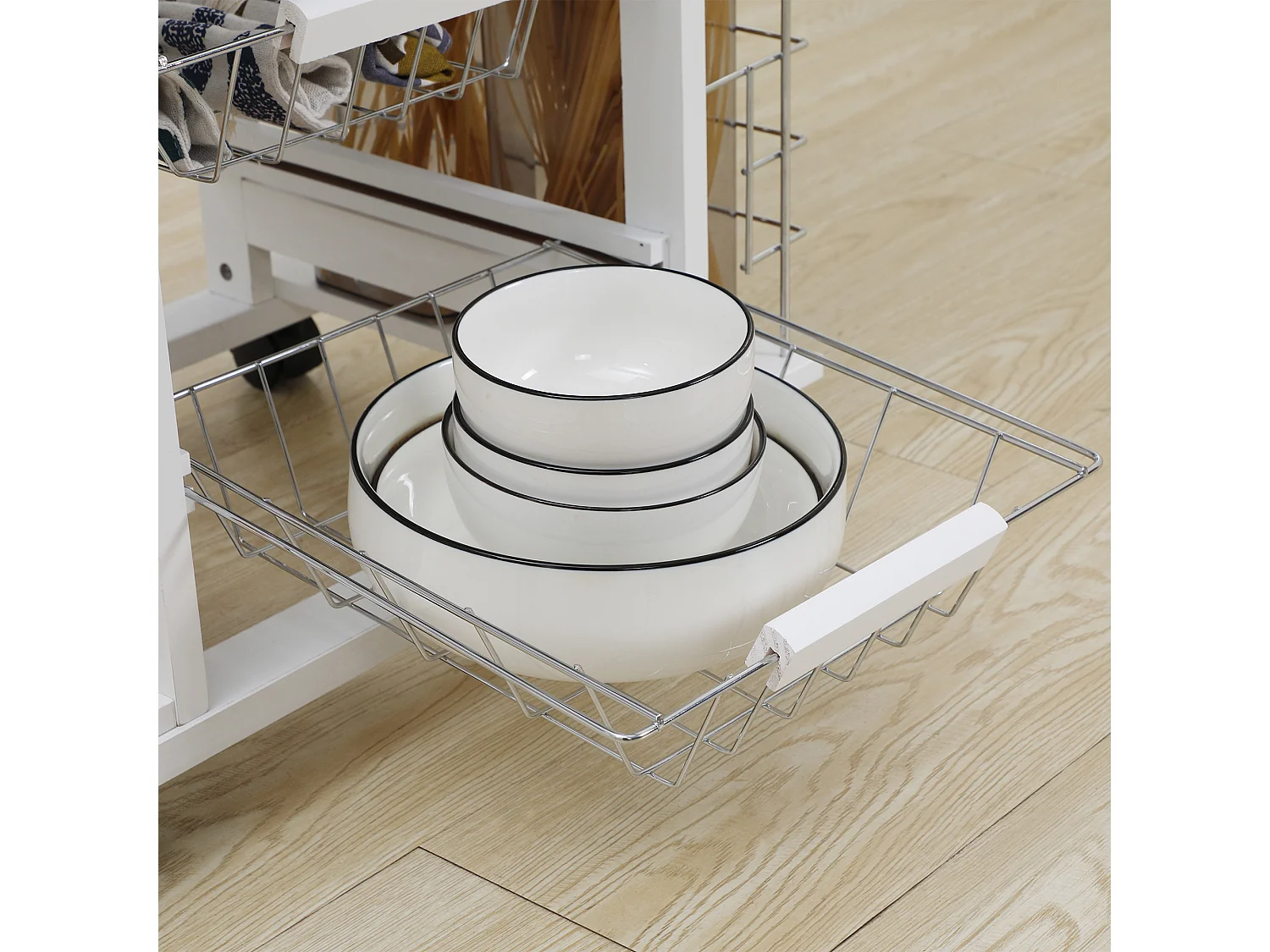 Carrello da cucina con cassetto, 4 cesti e 4 ripiani bianco