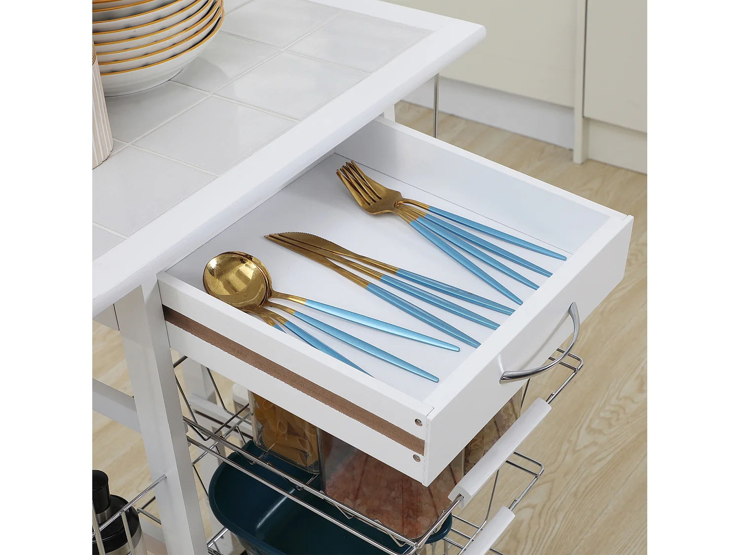 Carrello da cucina con cassetto, 4 cesti e 4 ripiani bianco