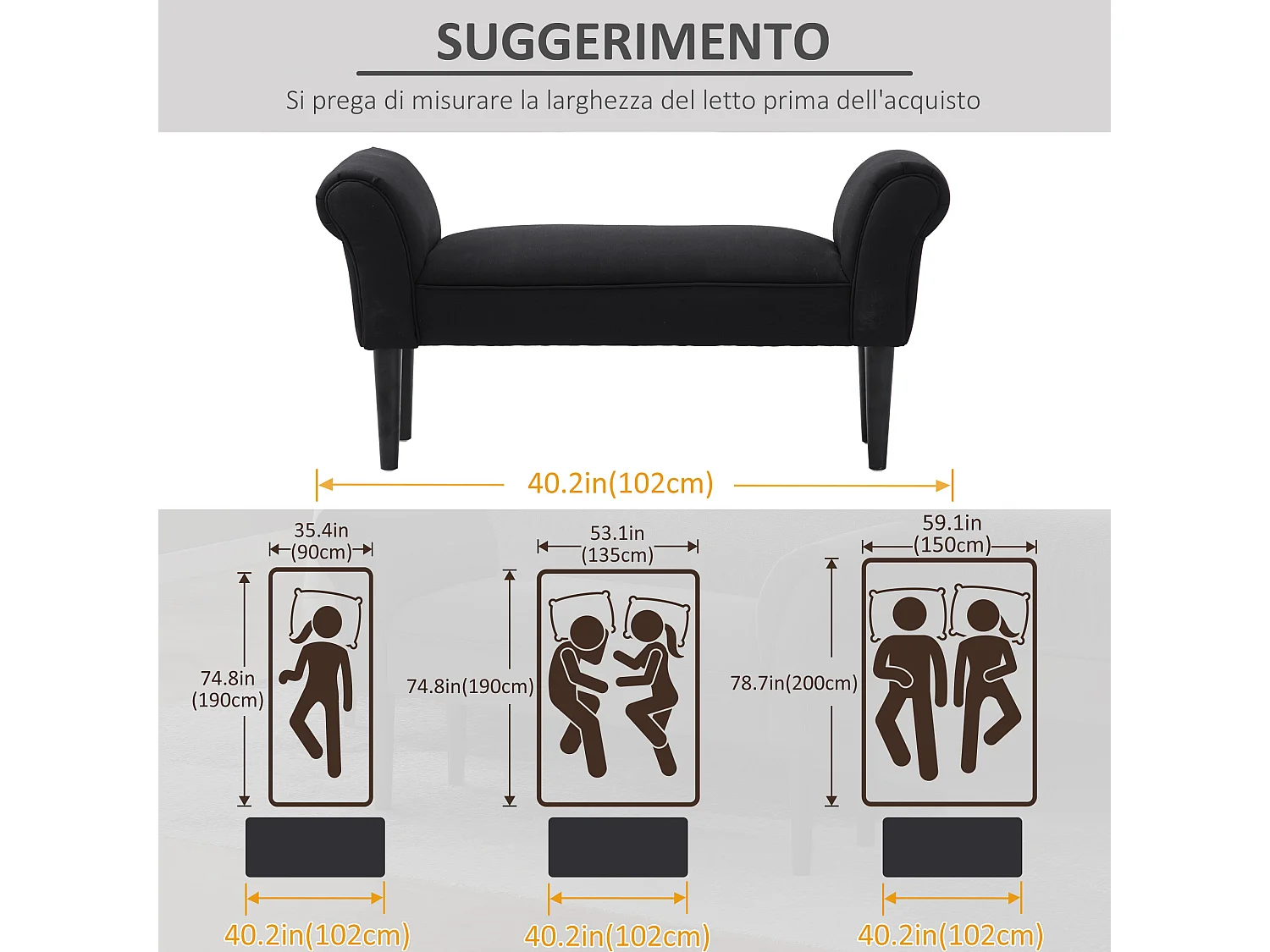 Panca fondoletto imbottita con braccioli arrotolati in tessuto nero
