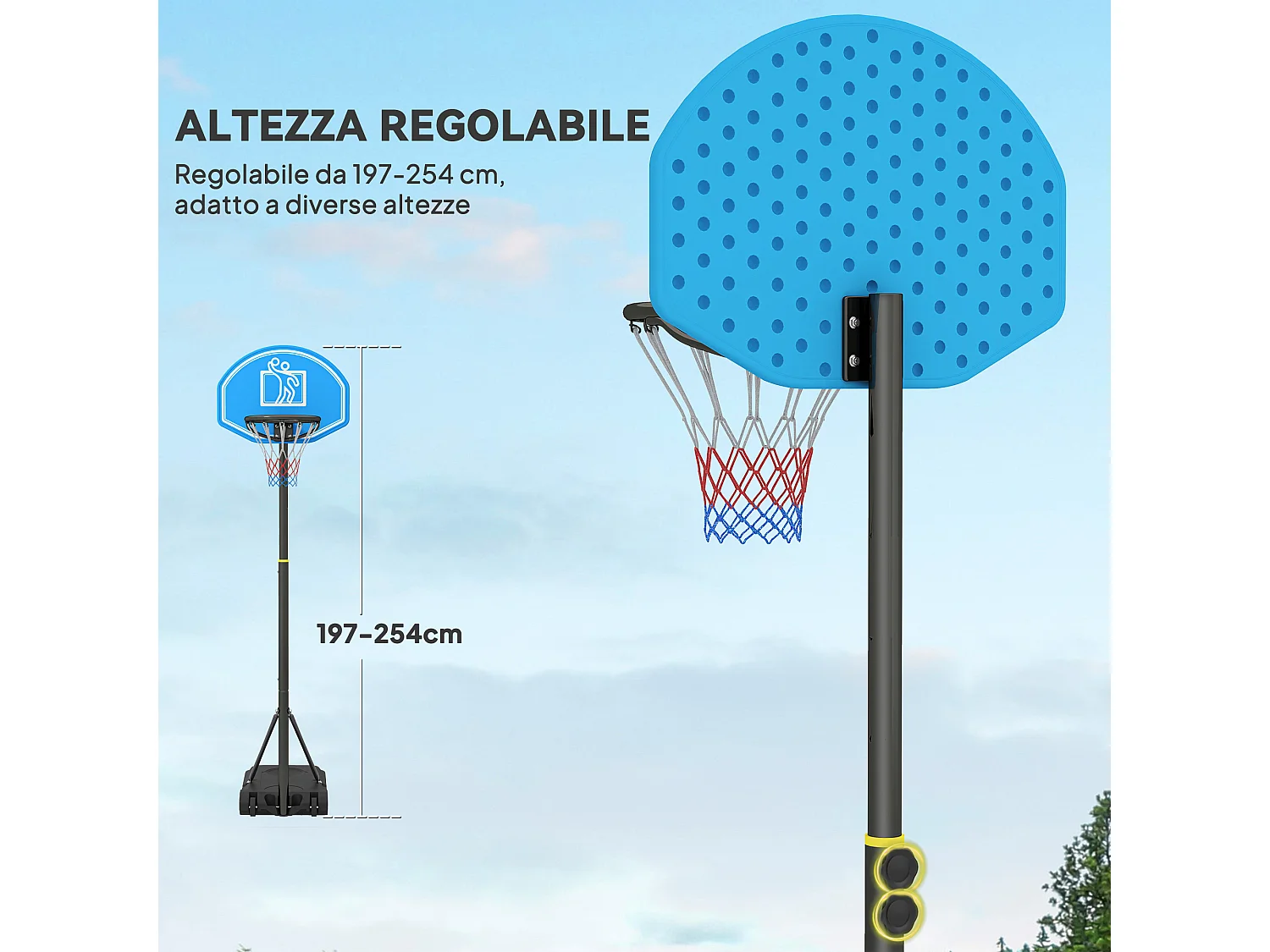 Canestro basket altezza regolabile 197.5-245cm base con ruote