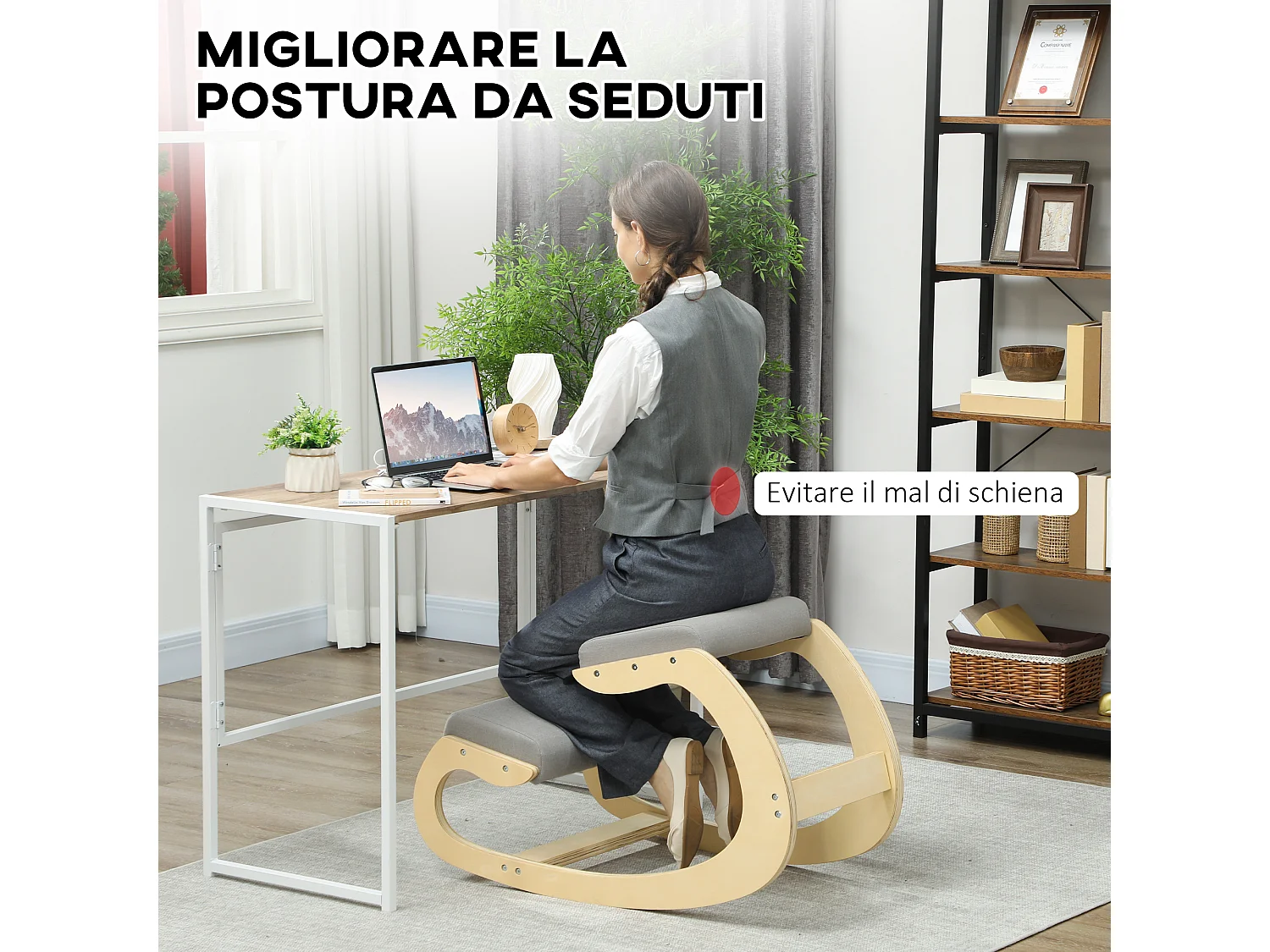 Sedia inginocchiatoio in tessuto effetto lino e legno grigio chiaro