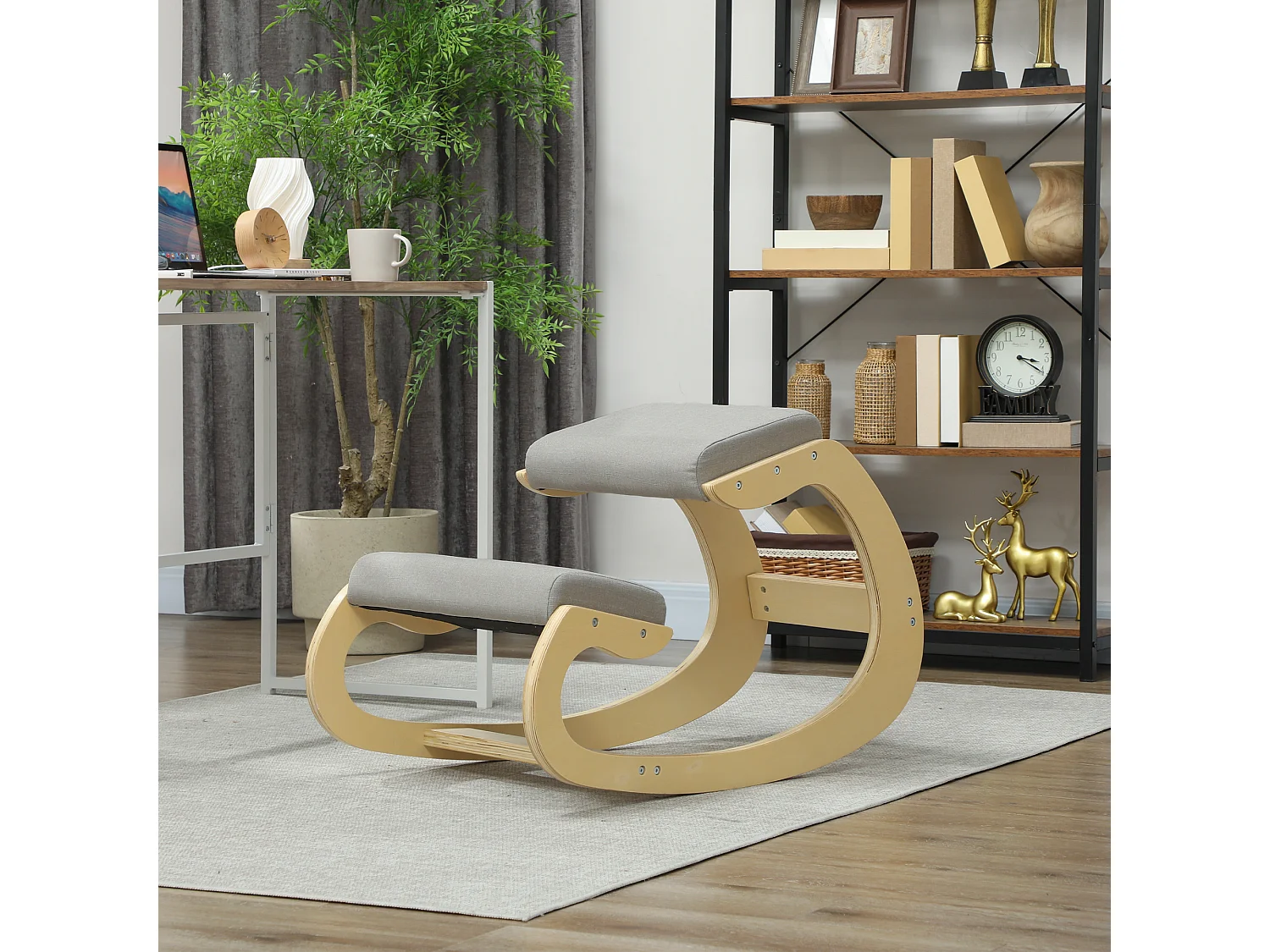 Sedia inginocchiatoio in tessuto effetto lino e legno grigio chiaro