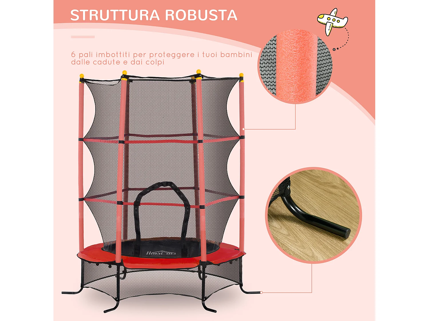 Trampolino elastico per bambini 3-10 anni con rete di sicurezza rosso