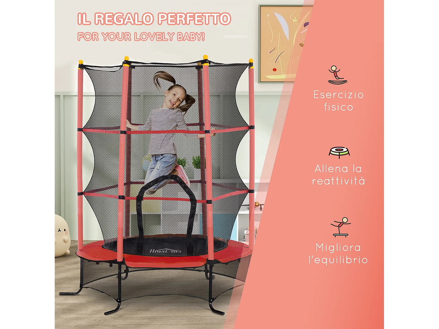 Trampolino elastico per bambini 3-10 anni con rete di sicurezza rosso