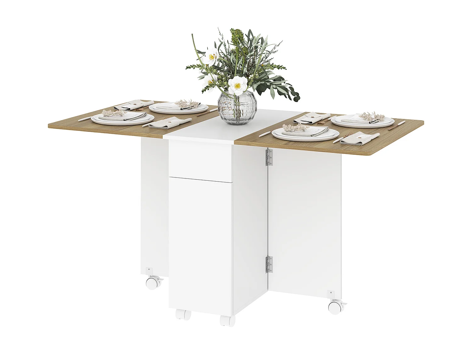 Tavolo pieghevole con 2 cassetti e armadietto bianco e color legno