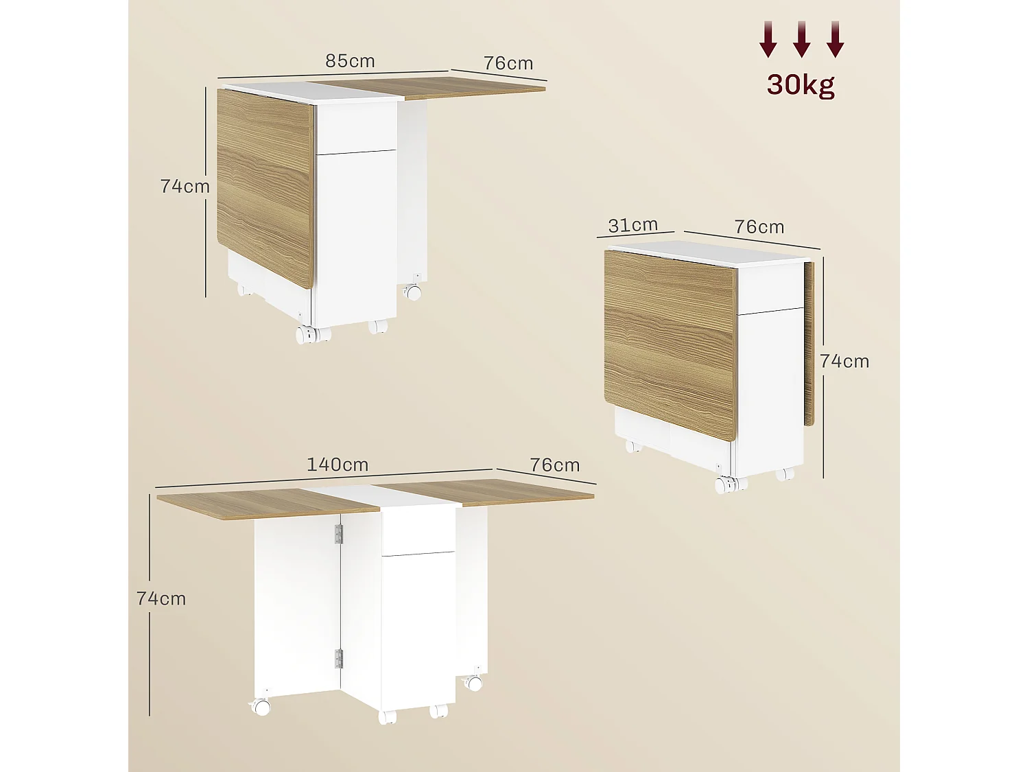 Tavolo pieghevole con 2 cassetti e armadietto bianco e color legno