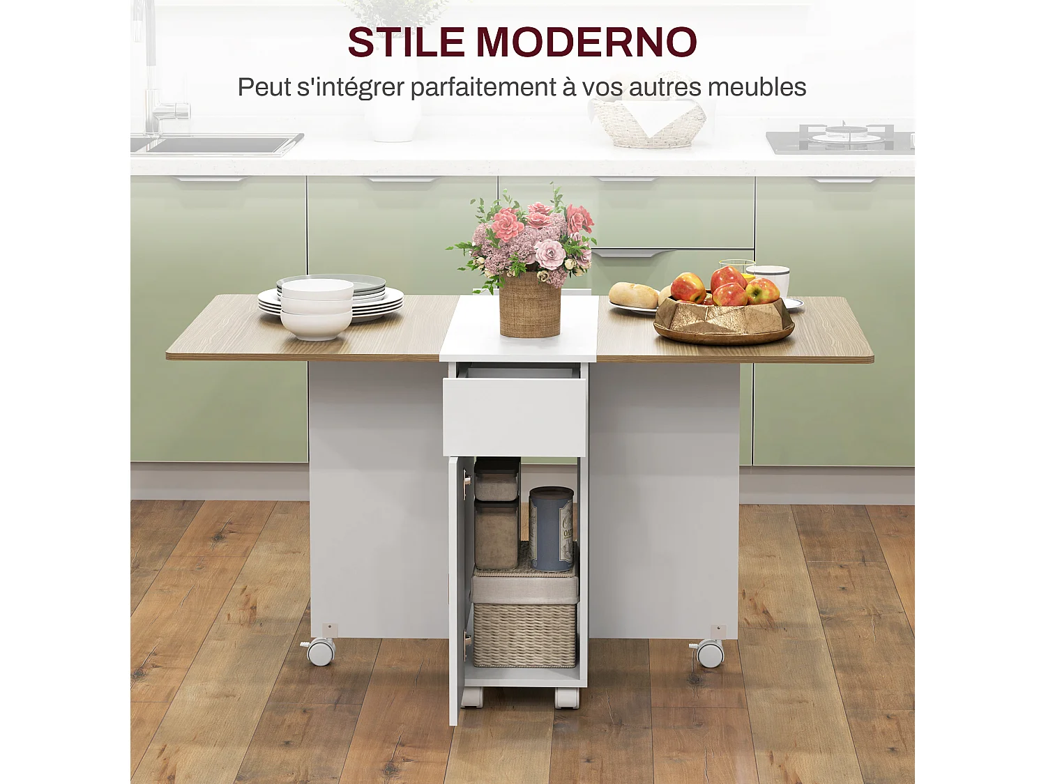 Tavolo pieghevole con 2 cassetti e armadietto bianco e color legno