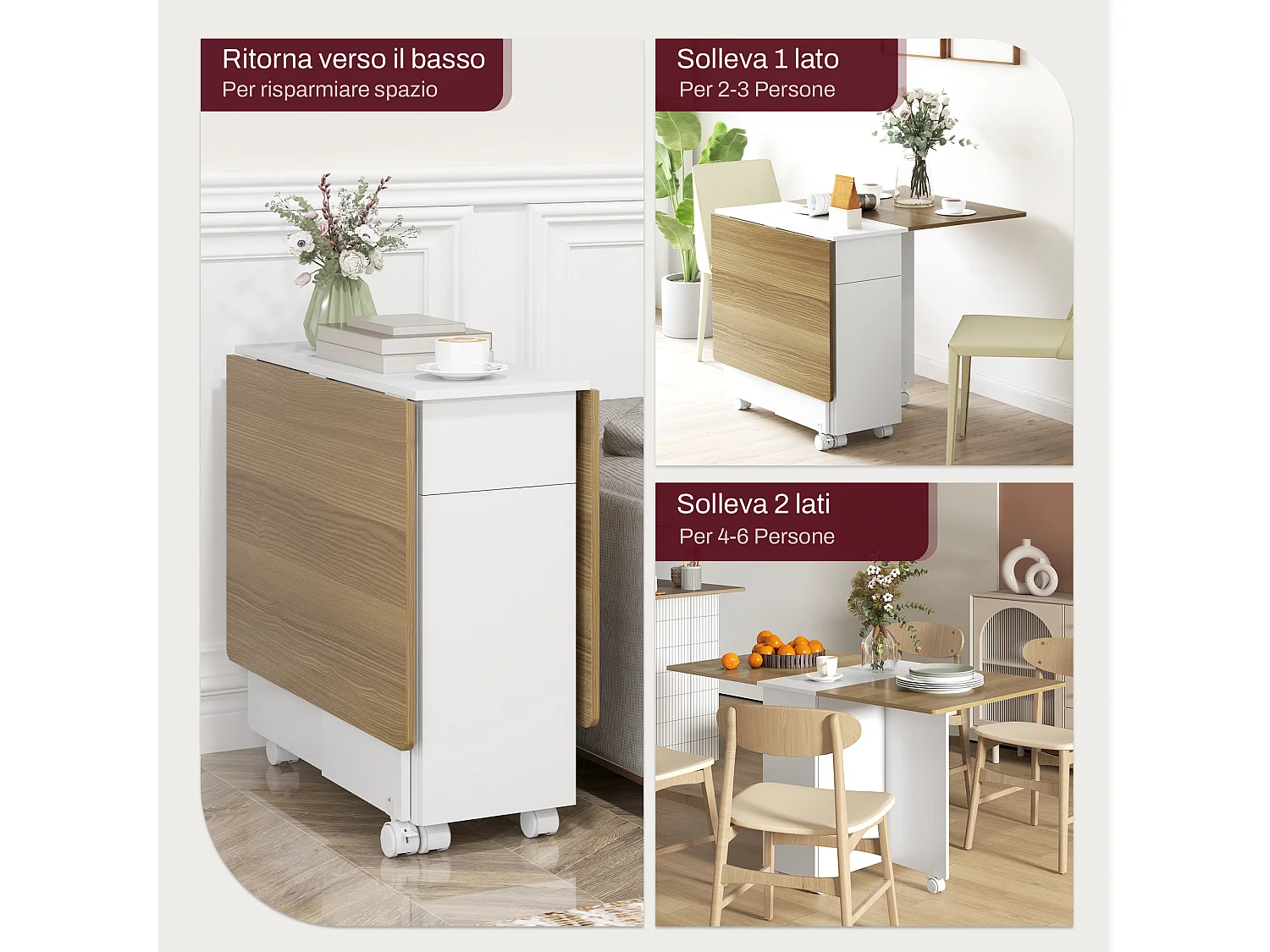 Tavolo pieghevole con 2 cassetti e armadietto bianco e color legno