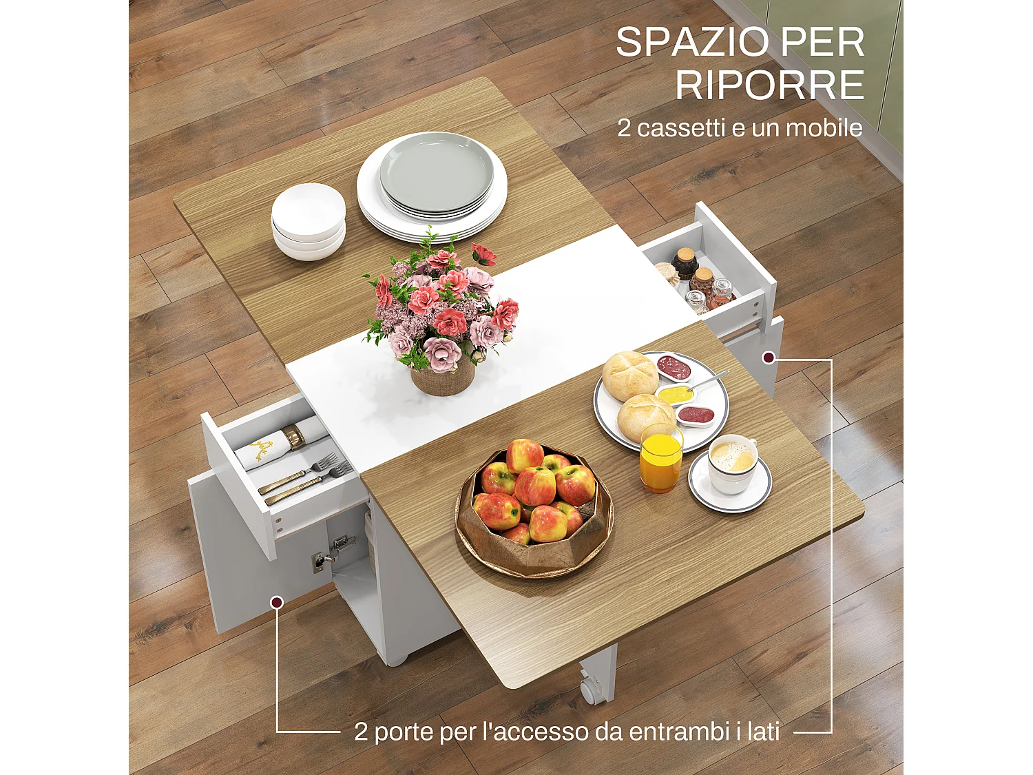 Tavolo pieghevole con 2 cassetti e armadietto bianco e color legno