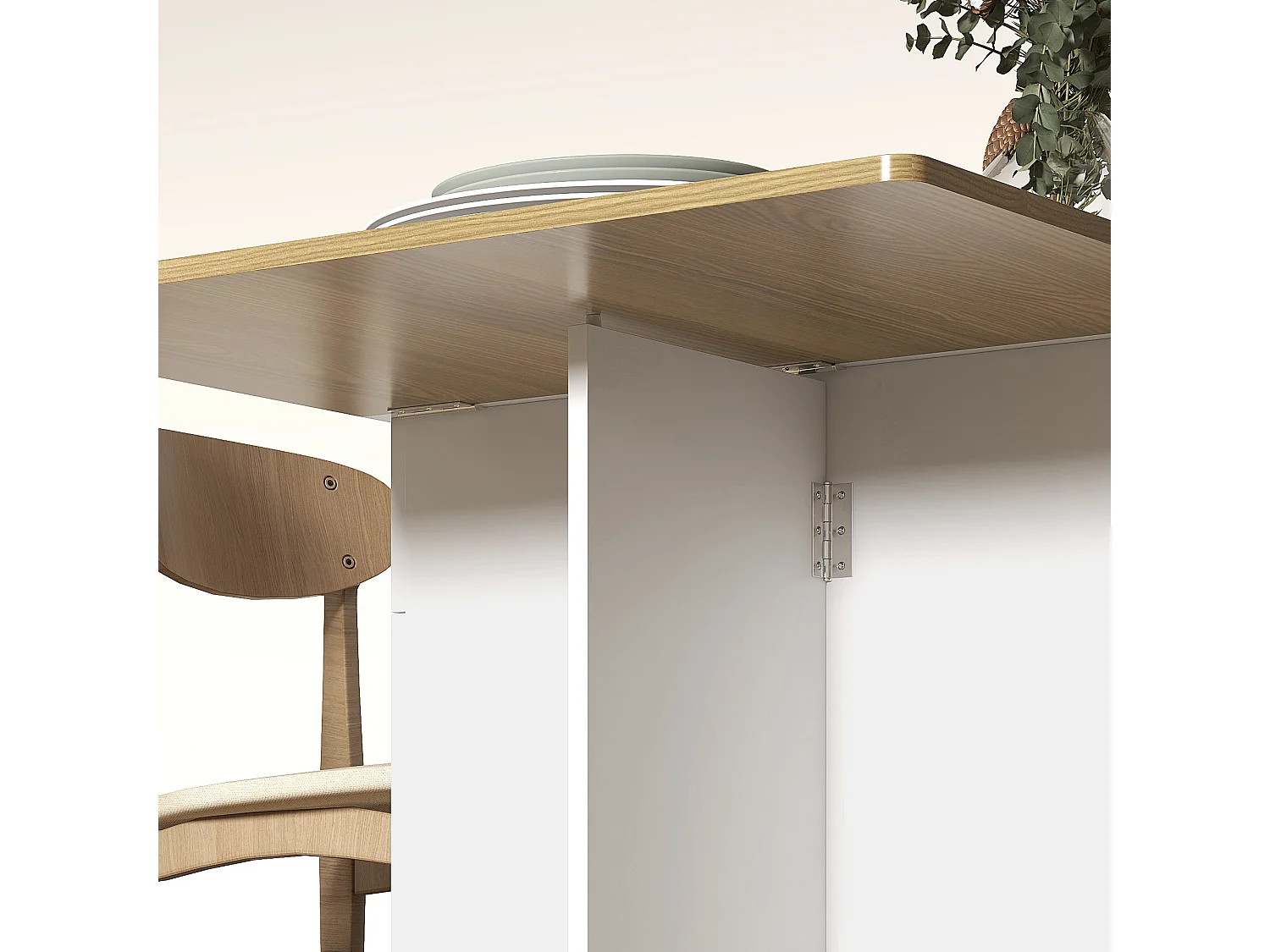 Tavolo pieghevole con 2 cassetti e armadietto bianco e color legno