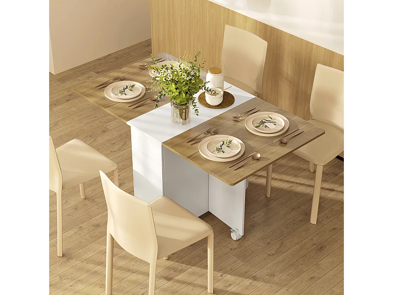 Tavolo pieghevole con 2 cassetti e armadietto bianco e color legno