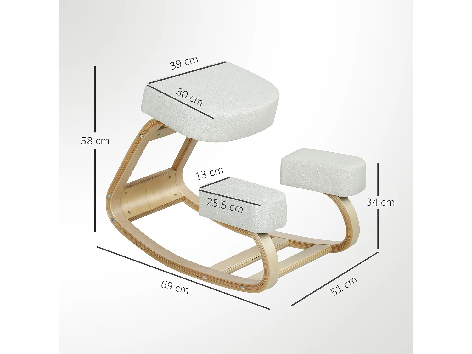 Sedia inginocchiatoio ergonomica in betulla e cuscino crema