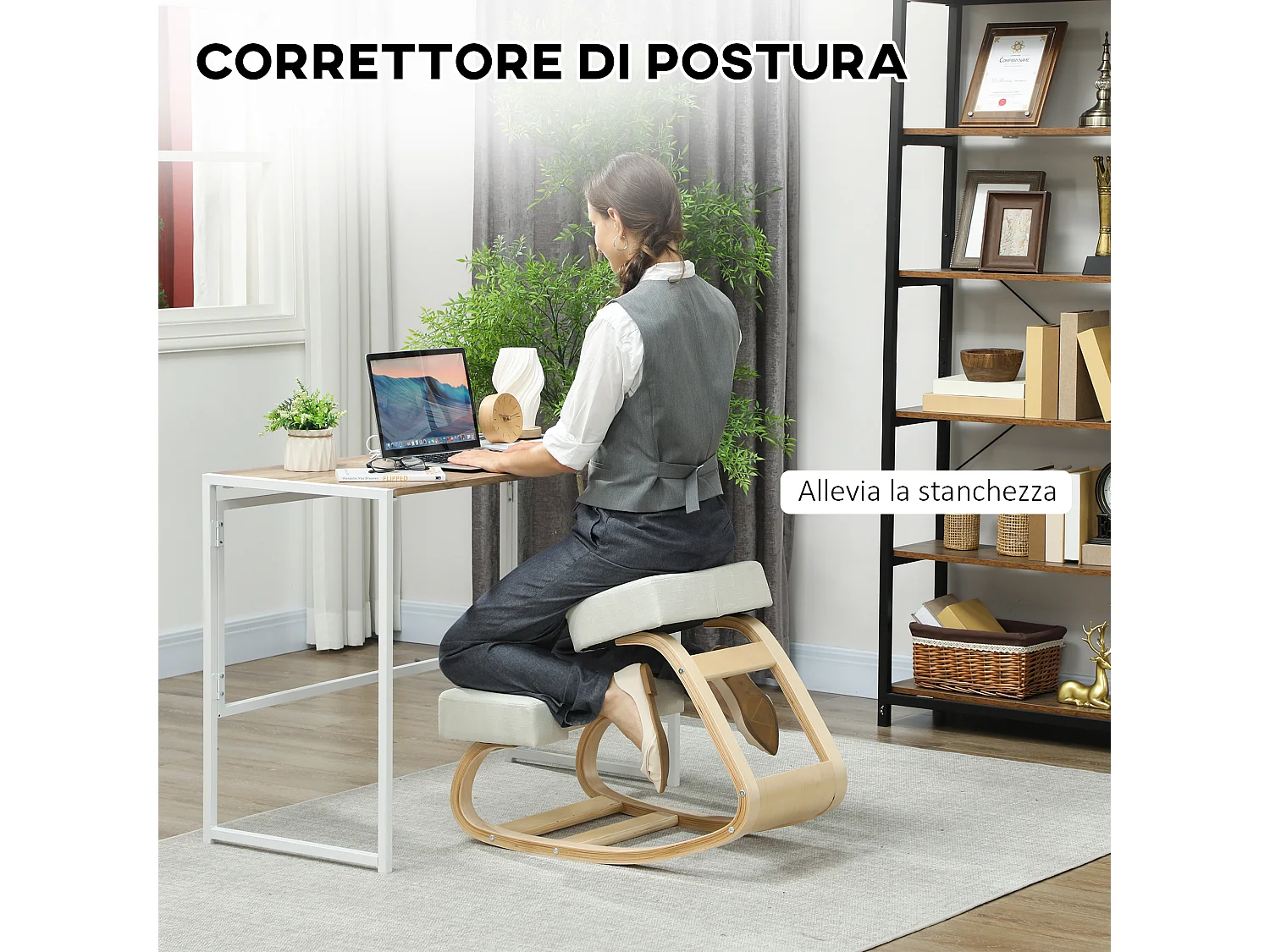 Sedia inginocchiatoio ergonomica in betulla e cuscino crema