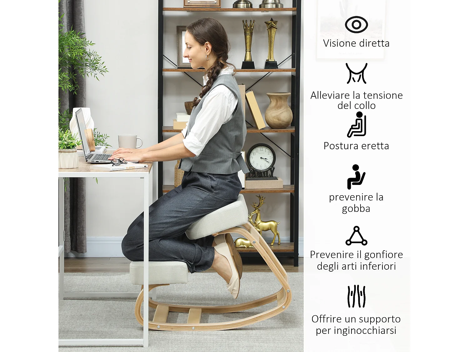 Sedia inginocchiatoio ergonomica in betulla e cuscino crema