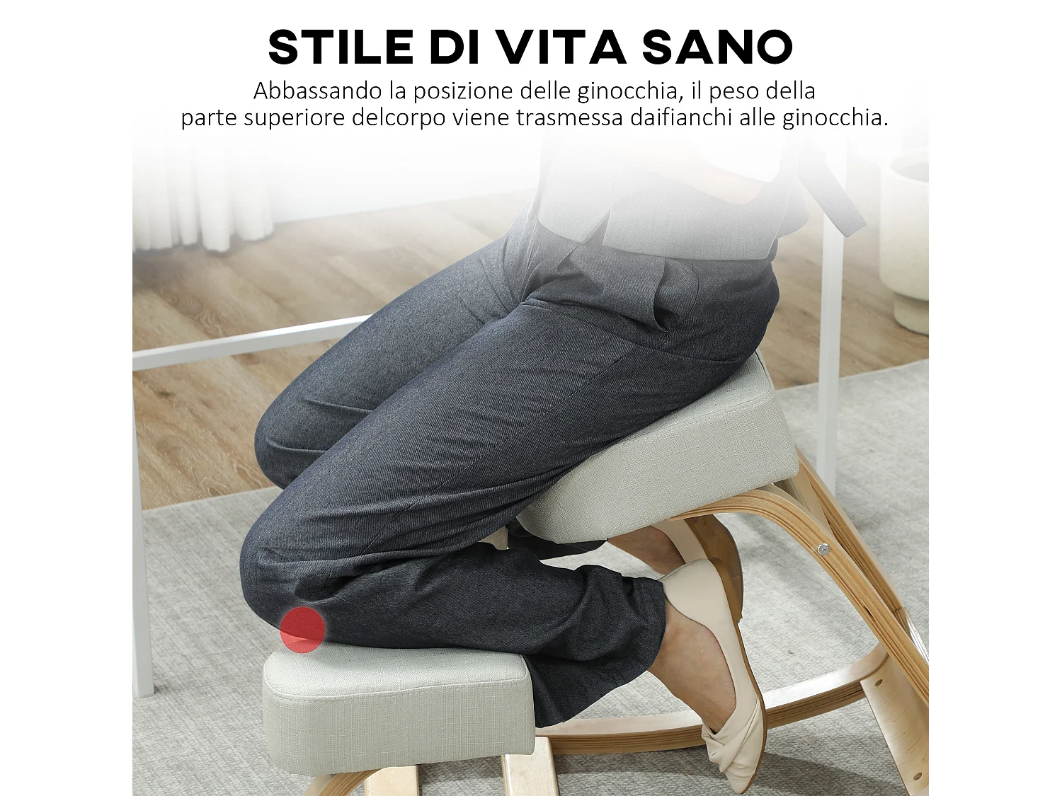 Sedia inginocchiatoio ergonomica in betulla e cuscino crema