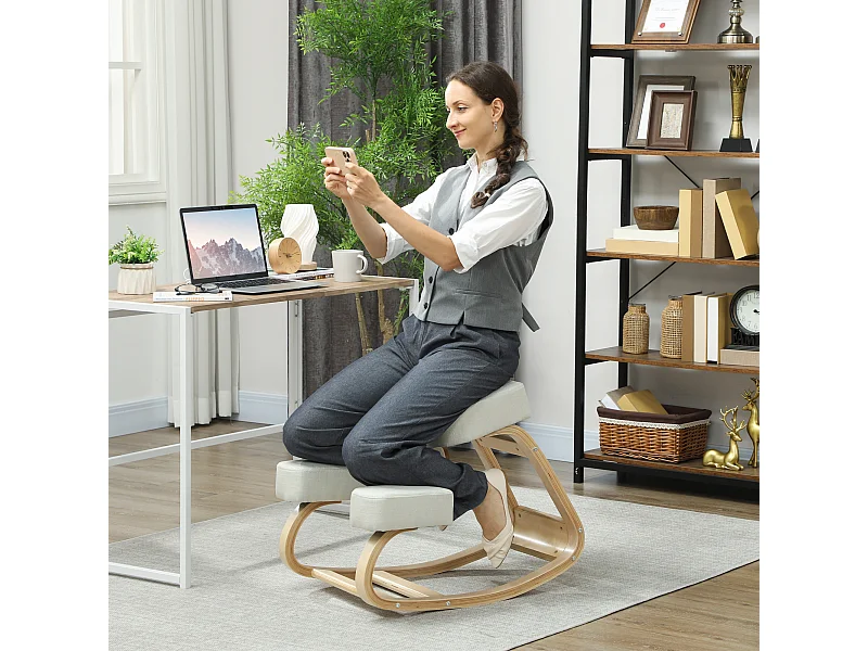 Sedia inginocchiatoio ergonomica in betulla e cuscino crema