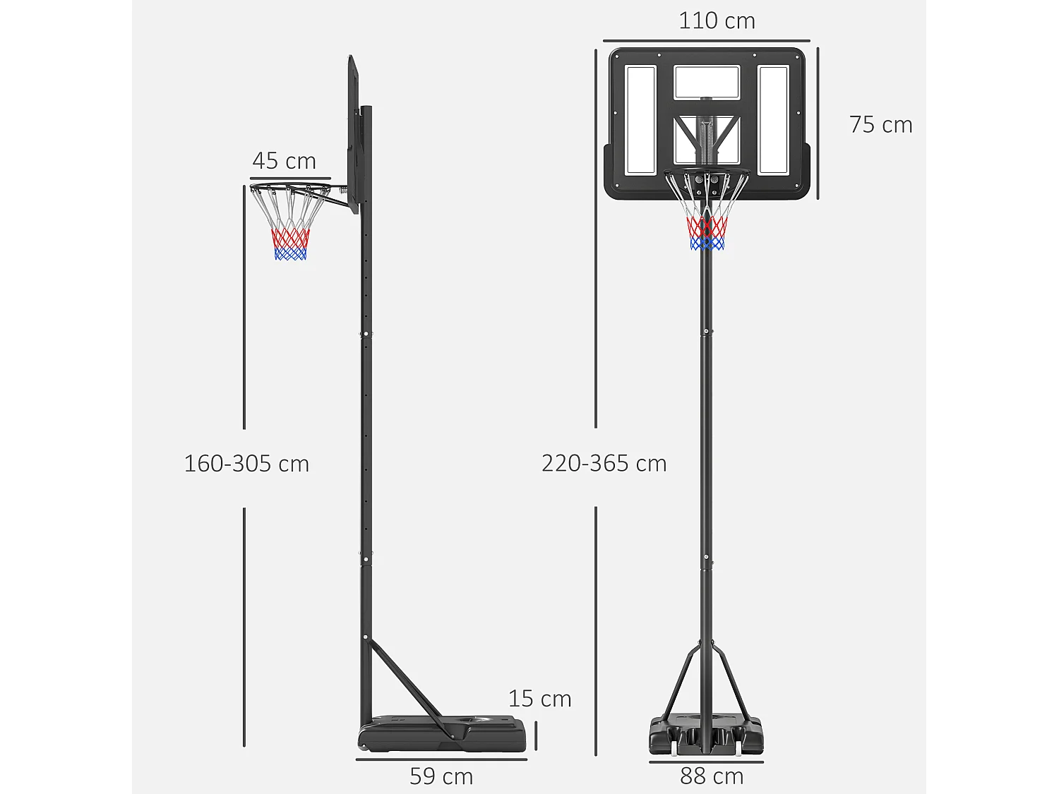 Canestro basket altezza regolabile 160-305cm base con ruote