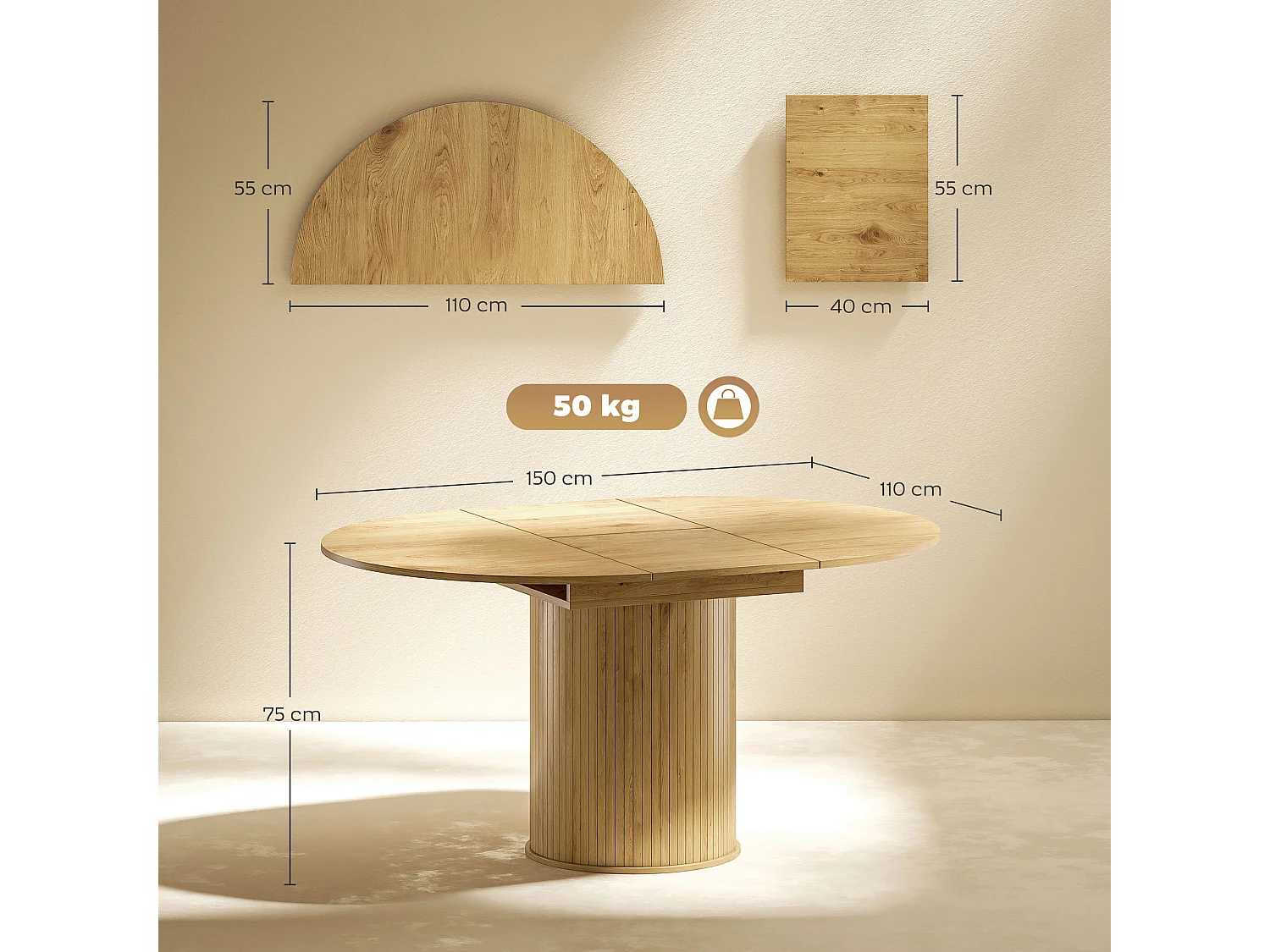 Tavolo da pranzo allungabile per 6-8 persone con pannelli rimovibili