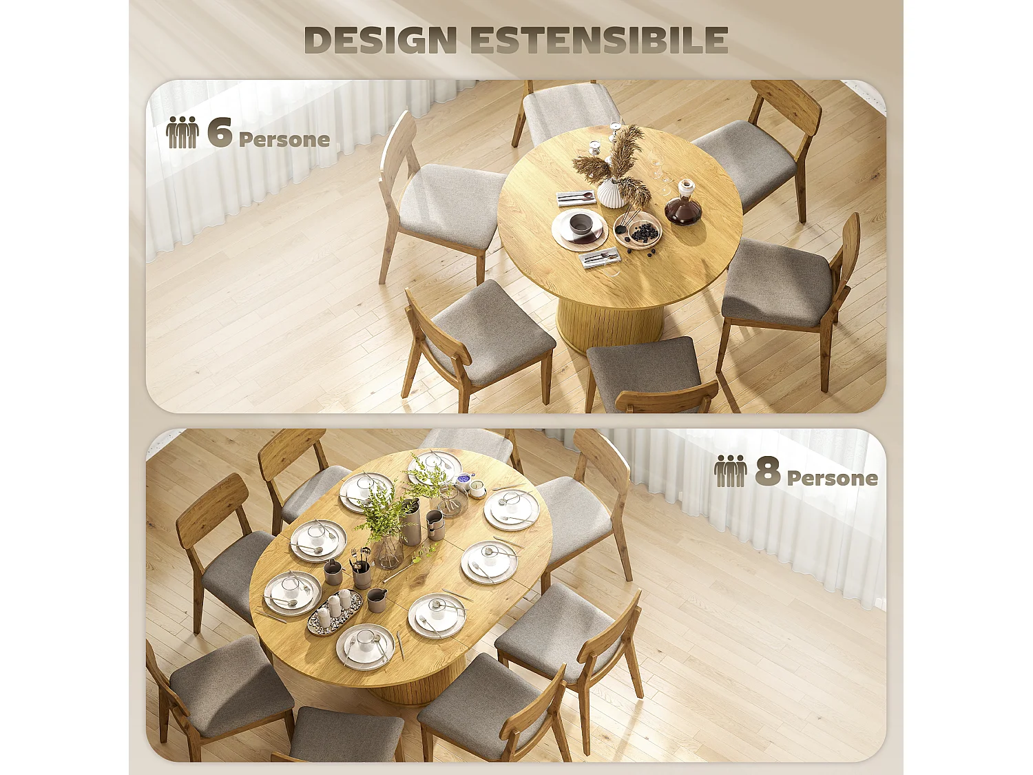 Tavolo da pranzo allungabile per 6-8 persone con pannelli rimovibili