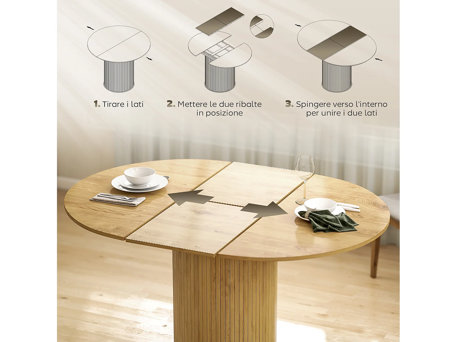 Tavolo da pranzo allungabile per 6-8 persone con pannelli rimovibili