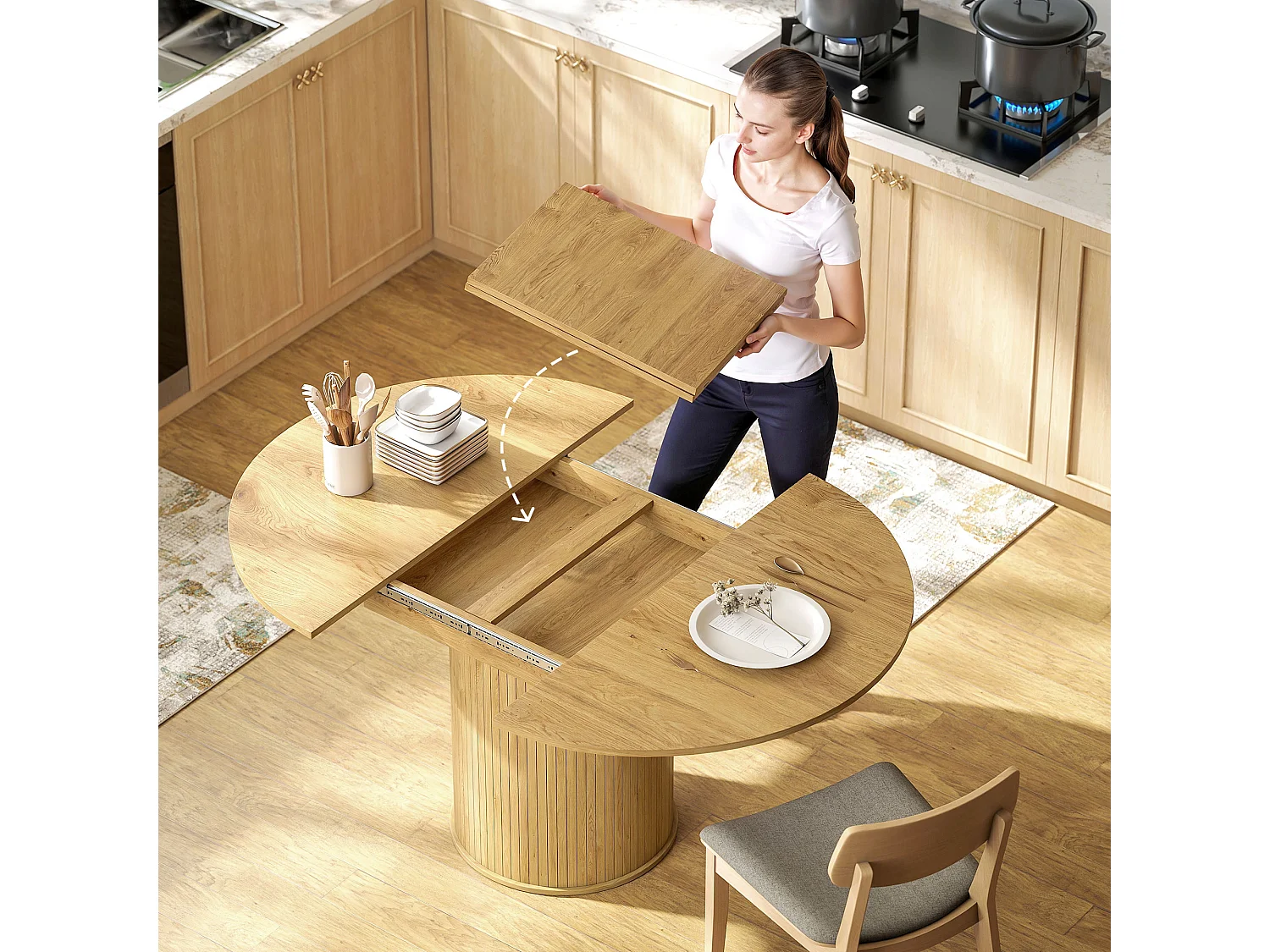 Tavolo da pranzo allungabile per 6-8 persone con pannelli rimovibili