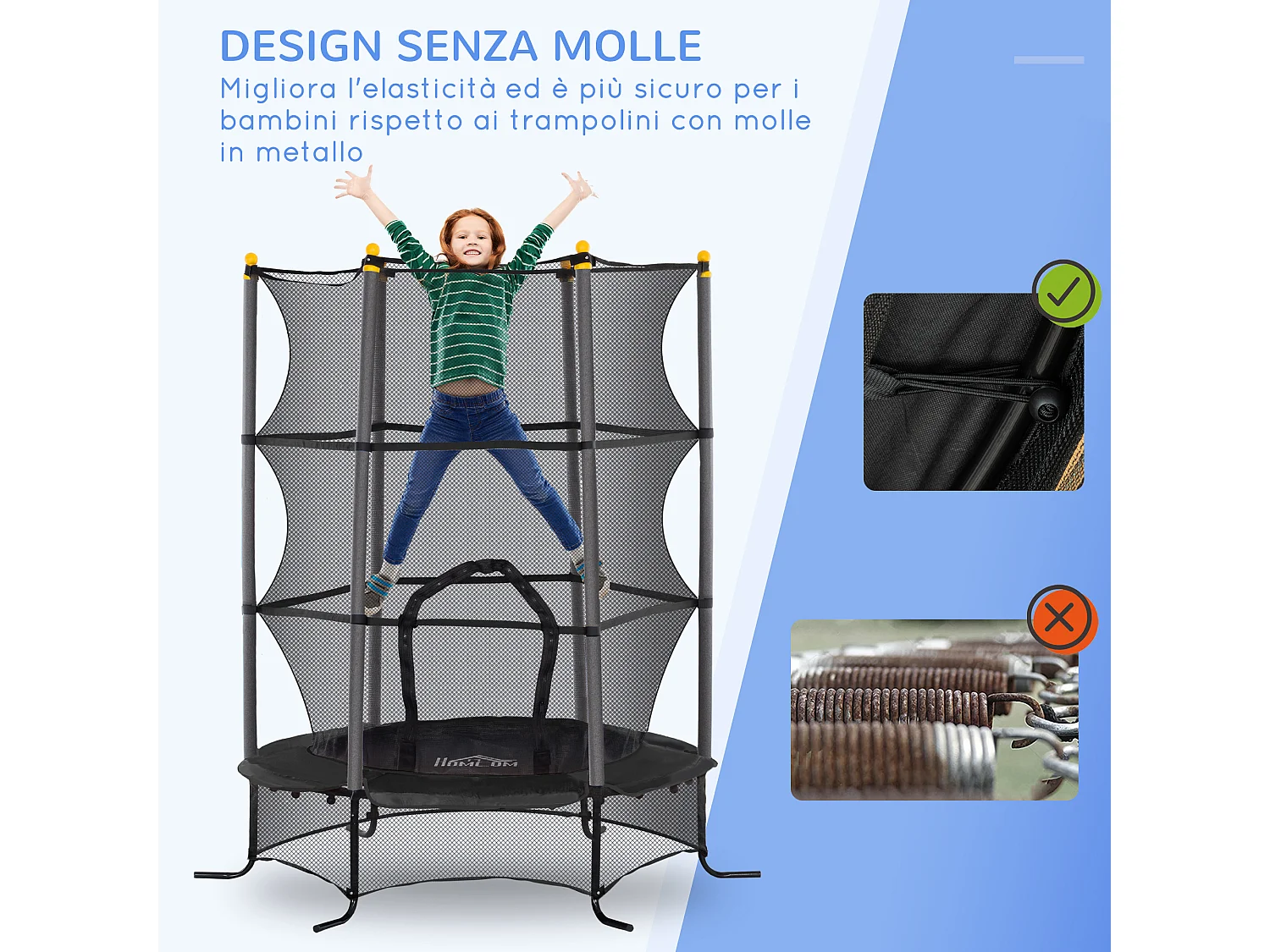 Trampolino elastico per bambini 3-10 anni con rete di sicurezza nero