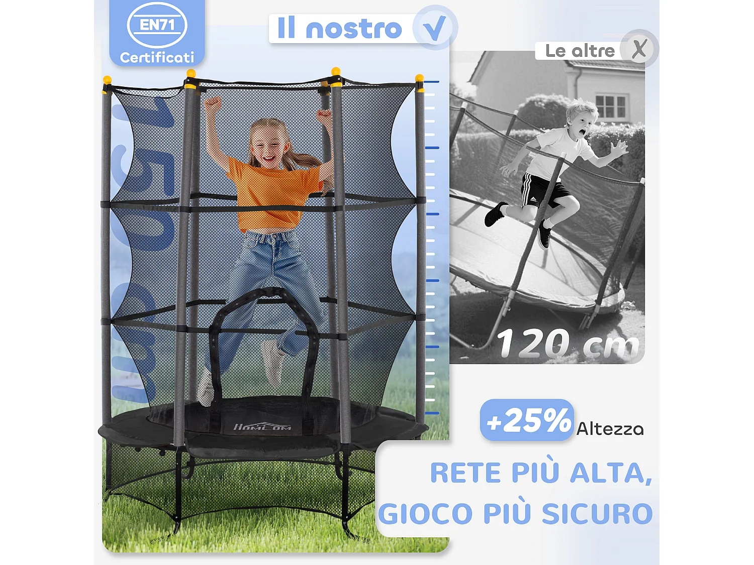 Trampolino elastico per bambini 3-10 anni con rete di sicurezza nero