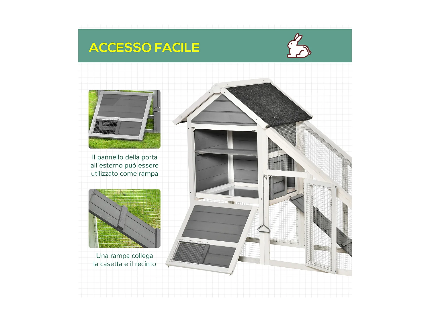 Casetta per conigli in legno area aperta rampa fondo estraibile