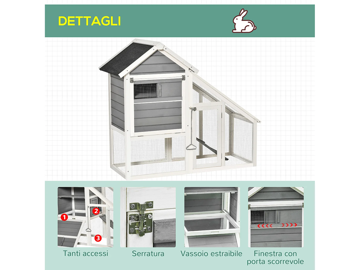 Casetta per conigli in legno area aperta rampa fondo estraibile
