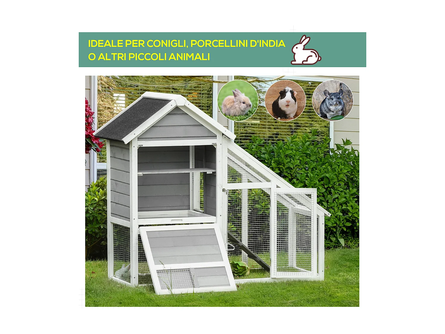 Casetta per conigli in legno area aperta rampa fondo estraibile