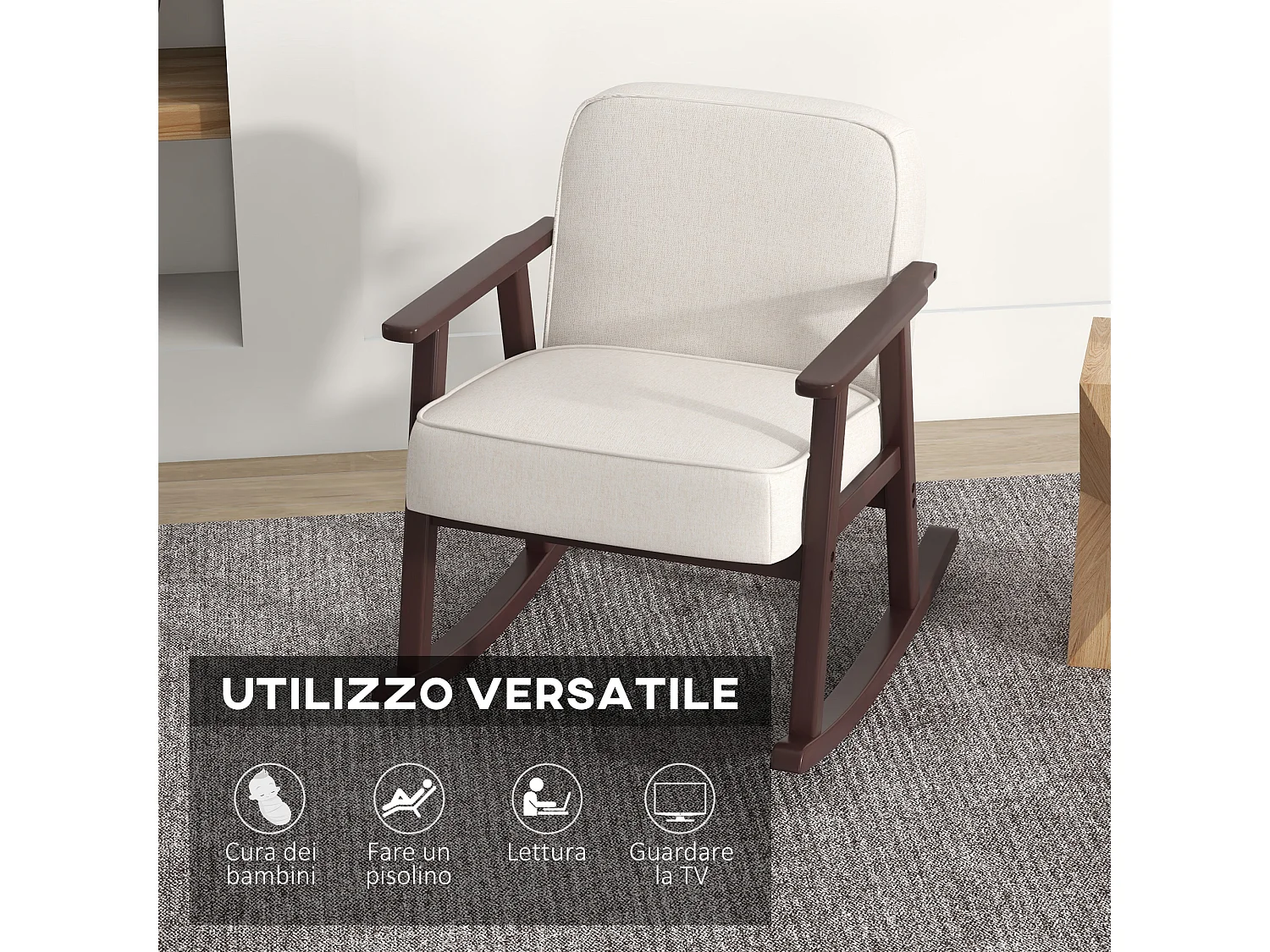 Poltrona a dondolo per interni con braccioli e cuscini in legno