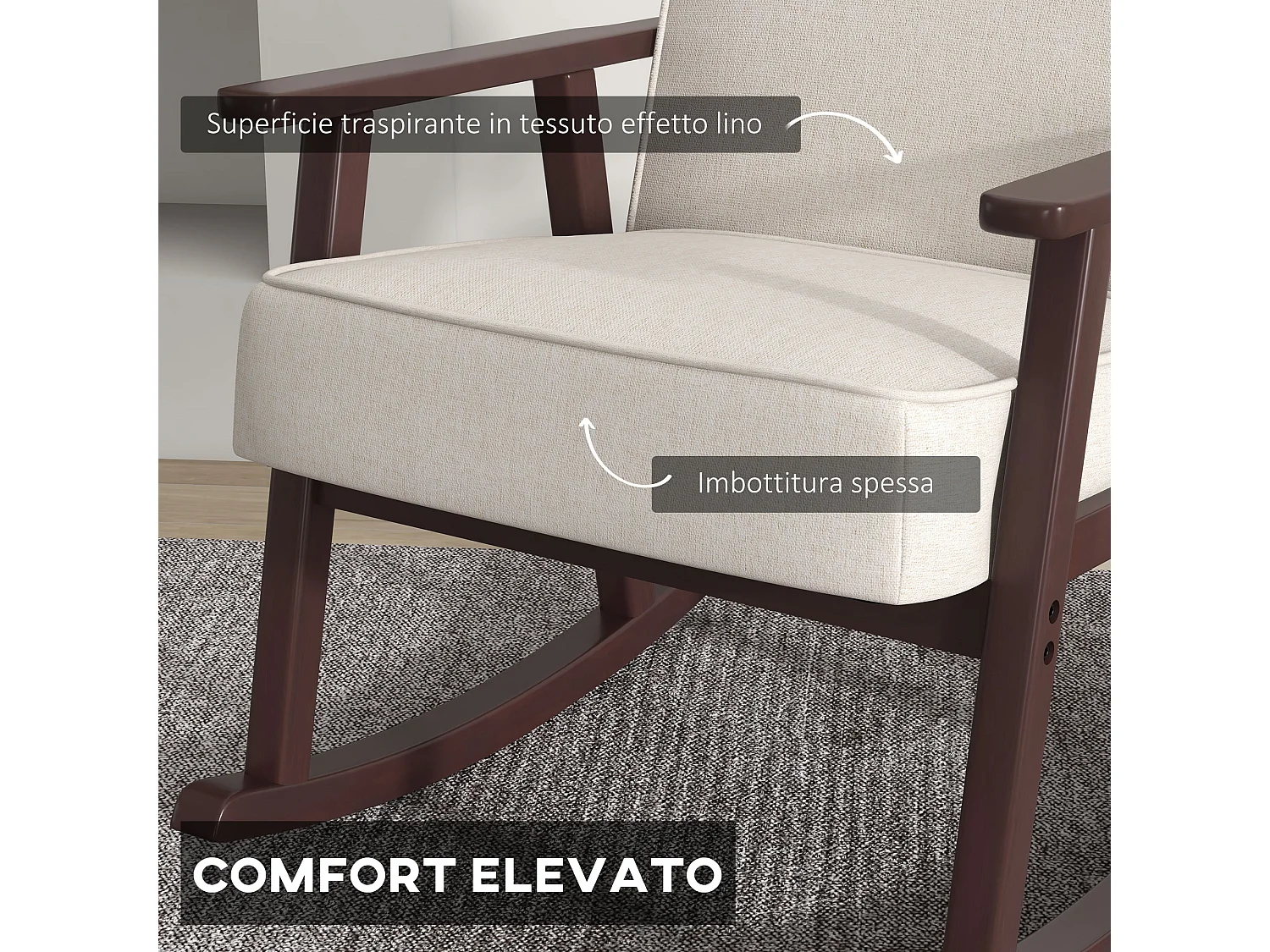 Poltrona a dondolo per interni con braccioli e cuscini in legno