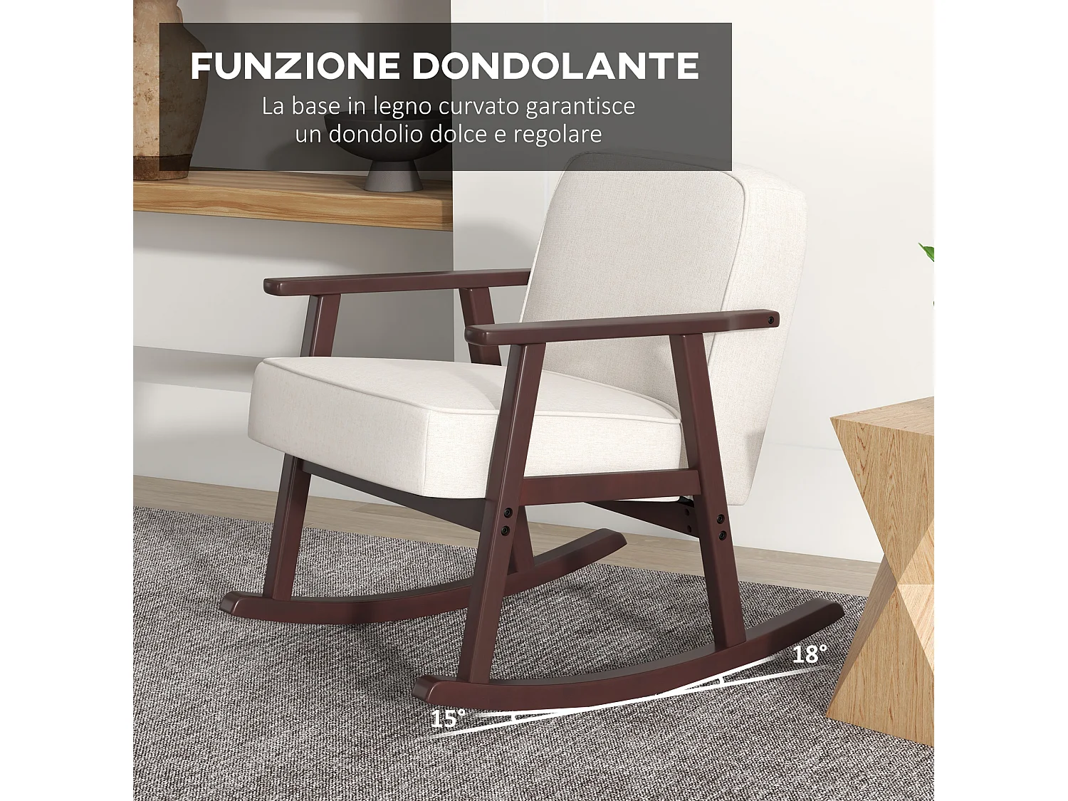 Poltrona a dondolo per interni con braccioli e cuscini in legno