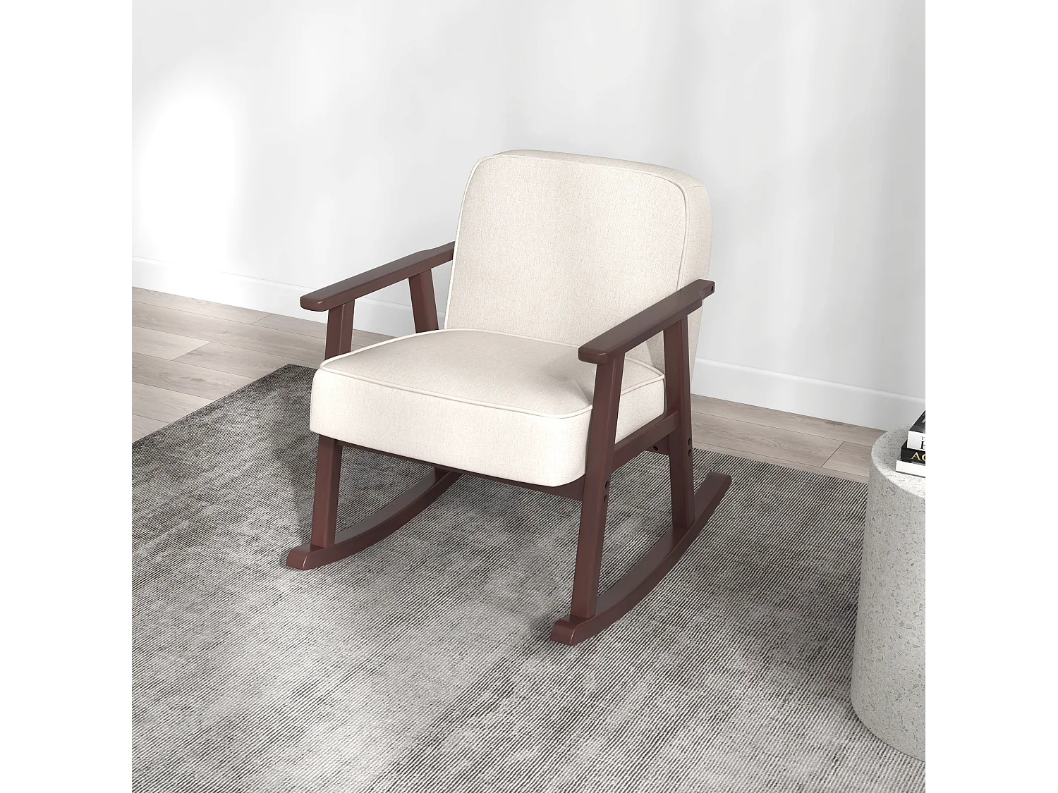 Poltrona a dondolo per interni con braccioli e cuscini in legno