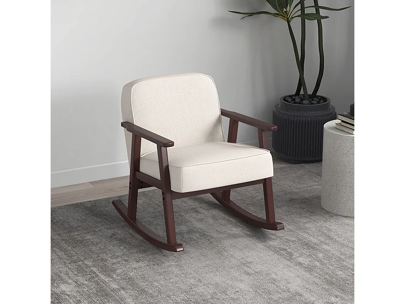 Poltrona a dondolo per interni con braccioli e cuscini in legno