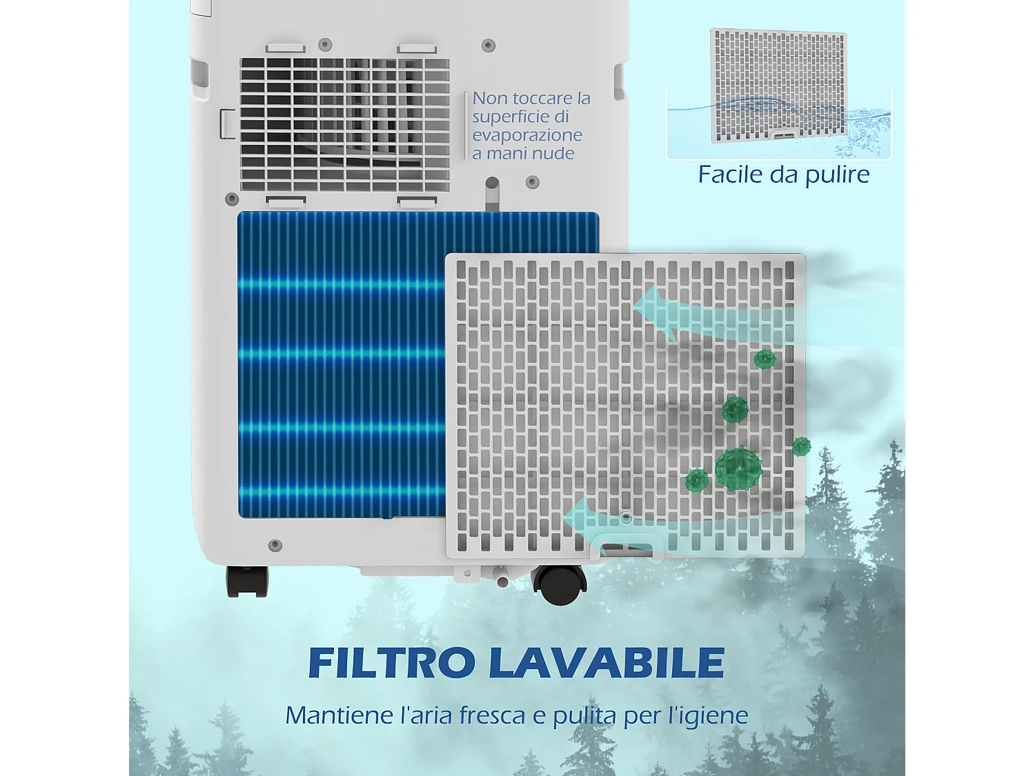 Condizionatore portatile 7000 btu 2kw con 5 in 1 e timer 24h