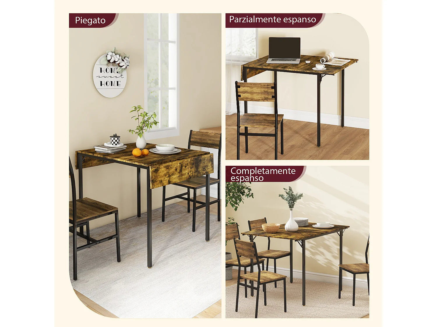 Tavolo da pranzo a ribalta stile industriale per 2-4 persone con 2 lati allungabili