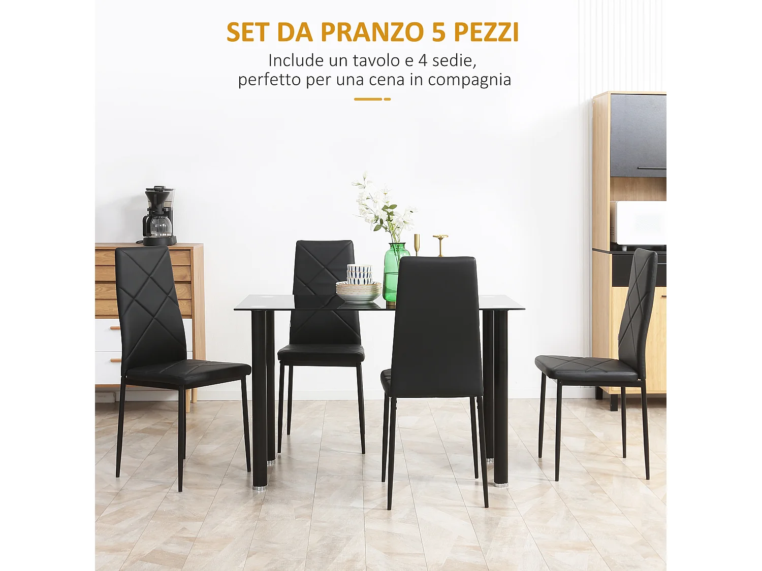 Set tavolo da pranzo con 4 sedie di design imbottite, nero