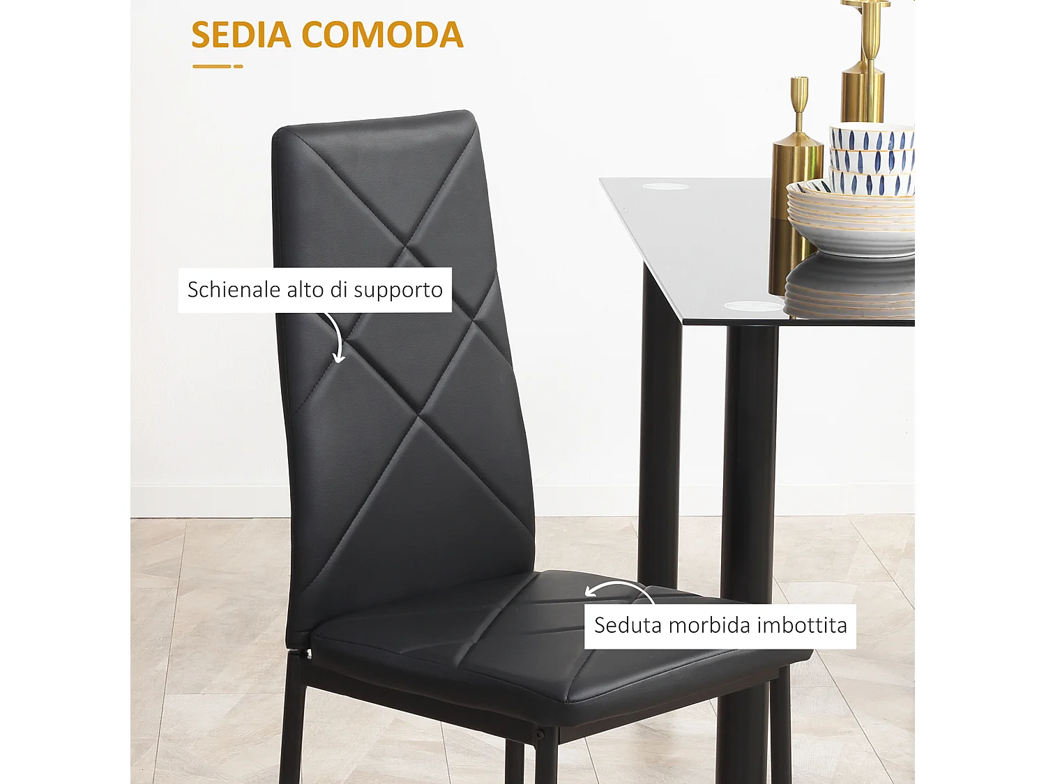 Set tavolo da pranzo con 4 sedie di design imbottite, nero