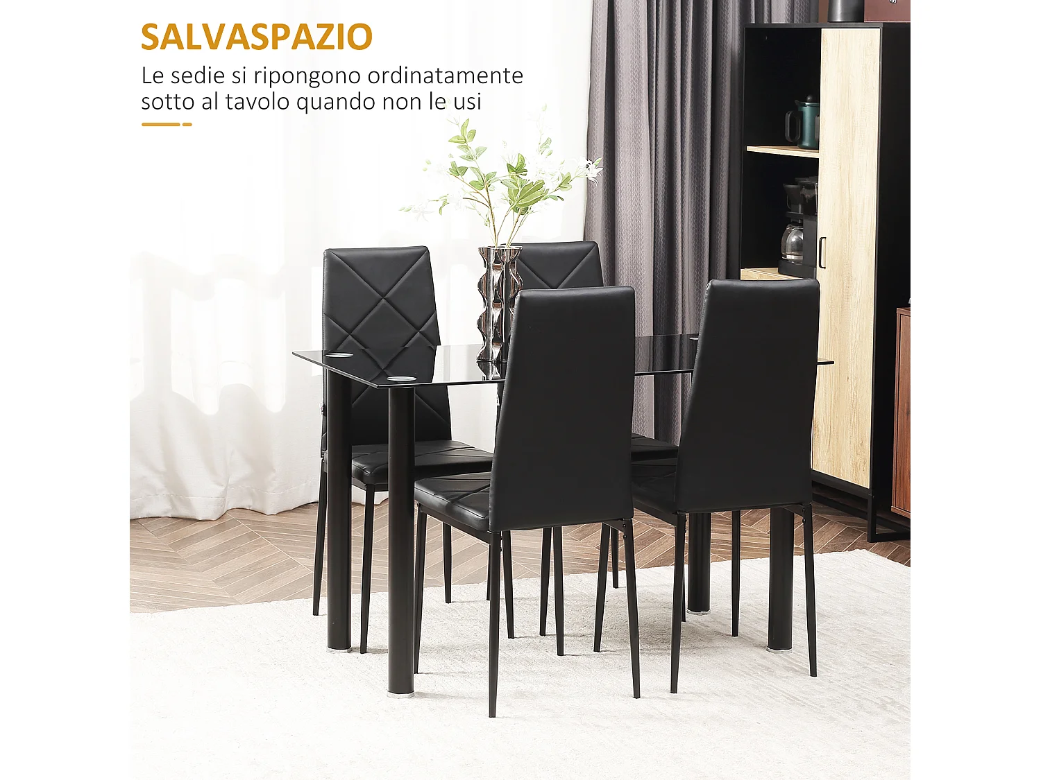 Set tavolo da pranzo con 4 sedie di design imbottite, nero